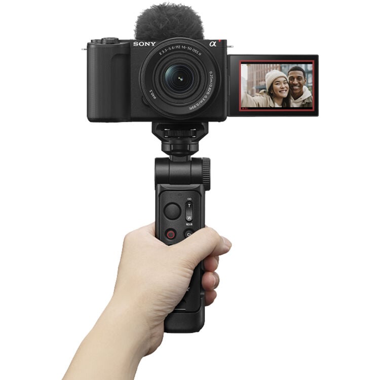 Sony GP-VPT3 multi-function shooting grip with detachable Bluetooth remote commander, converts to mini tripod, supports cameras up to 1.5 kg, 10m wireless remote control range, ergonomic design, tilt and swivel head for selfie or outward shots, dust and moisture resistant.