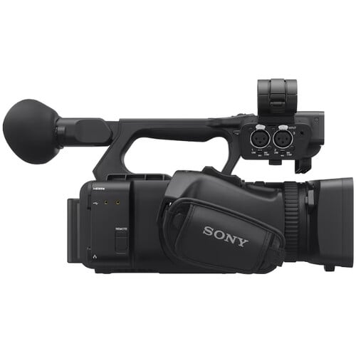 Sony HXR-NX800 4K professional camcorder, 1.0-type Exmor R CMOS sensor, 12x optical zoom, dual XLR inputs, compact design.