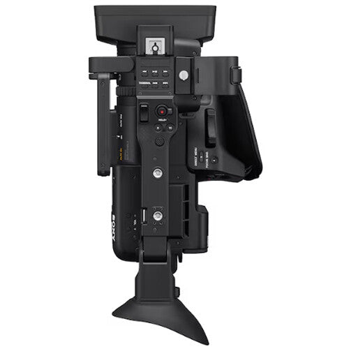 Sony HXR-NX800 4K professional camcorder, 1.0-type Exmor R CMOS sensor, 12x optical zoom, dual XLR inputs, compact design.