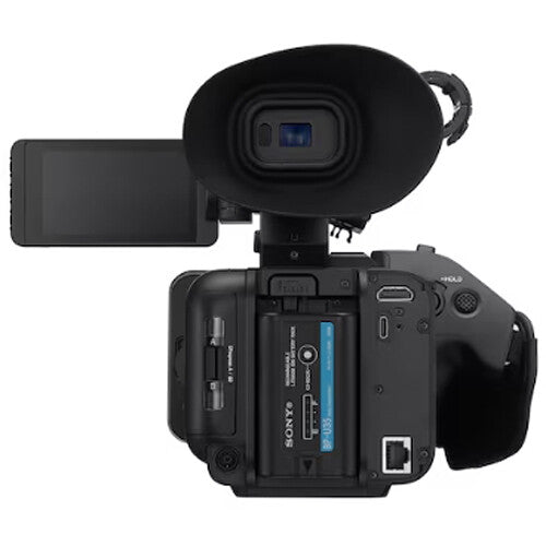 Sony HXR-NX800 4K professional camcorder, 1.0-type Exmor R CMOS sensor, 12x optical zoom, dual XLR inputs, compact design.