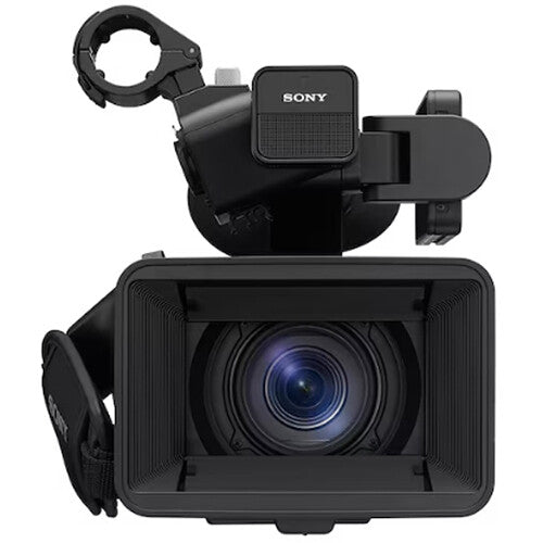 Sony HXR-NX800 4K professional camcorder, 1.0-type Exmor R CMOS sensor, 12x optical zoom, dual XLR inputs, compact design.