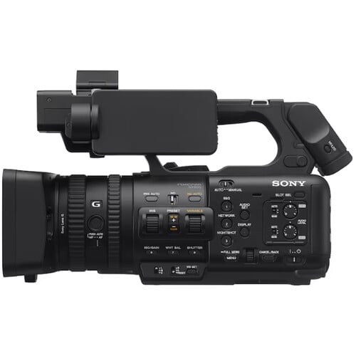 Sony HXR-NX800 4K professional camcorder, 1.0-type Exmor R CMOS sensor, 12x optical zoom, dual XLR inputs, compact design.