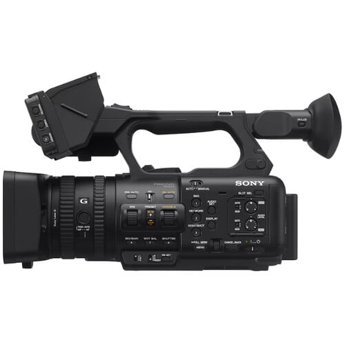 Sony HXR-NX800 4K professional camcorder, 1.0-type Exmor R CMOS sensor, 12x optical zoom, dual XLR inputs, compact design.
