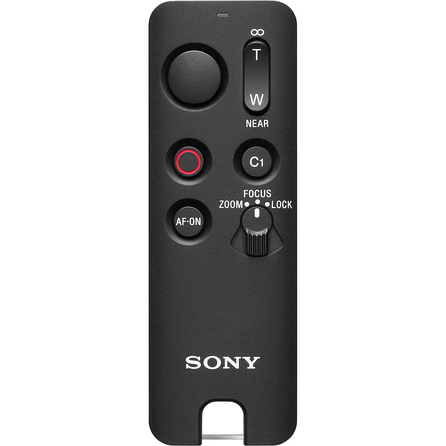 Sony RMT-VP2 wireless remote commander with Bluetooth connectivity, 10m operating range, one-handed control buttons for shutter, movie recording, autofocus, customizable C1 button, zoom/focus rocker, LED status indicator, dust and moisture resistant design, compatible with Sony Alpha cameras and selected Xperia smartphones.