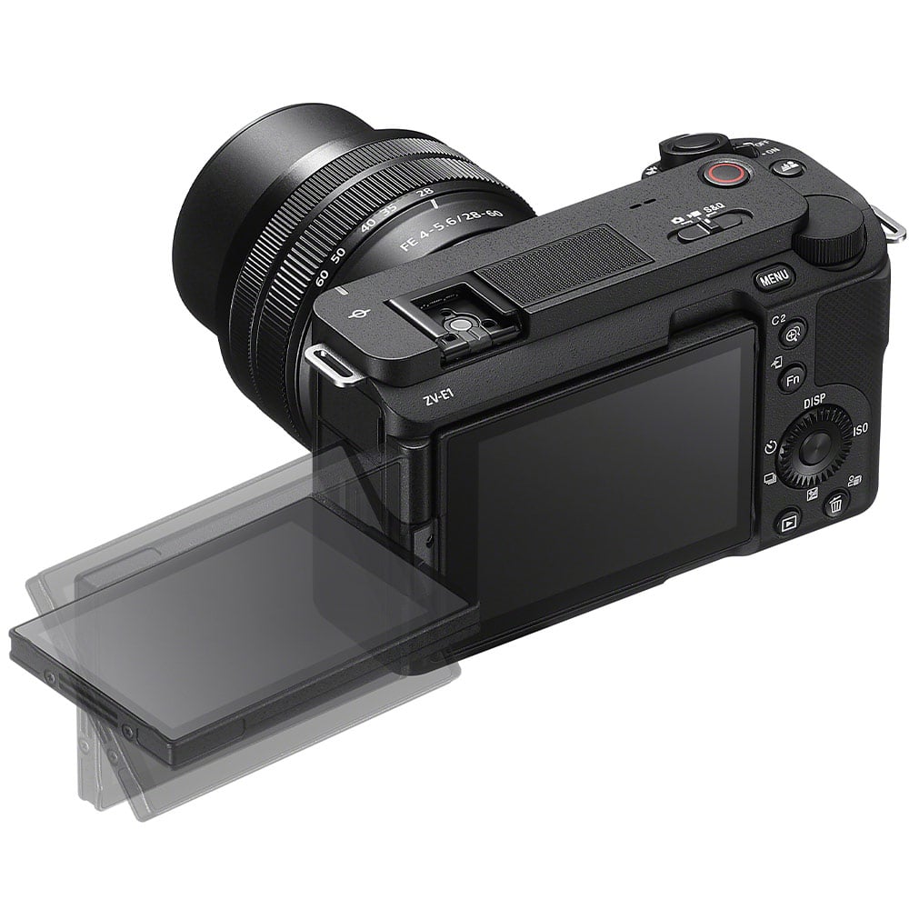 Sony ZV-E1 mirrorless digital camera with 12.1MP full-frame Exmor R CMOS sensor, E-mount, 5-axis sensor-shift image stabilization, UHD 4K 120p and Full HD 240p video recording, ISO 80-102400 extended to 409600, 3-inch fully articulating touchscreen, internal 10-bit 4:2:2 recording, and AI-assisted autofocus.