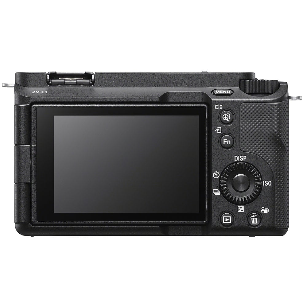 Sony ZV-E1 mirrorless digital camera with 12.1MP full-frame Exmor R CMOS sensor, E-mount, 5-axis sensor-shift image stabilization, UHD 4K 120p and Full HD 240p video recording, ISO 80-102400 extended to 409600, 3-inch fully articulating touchscreen, internal 10-bit 4:2:2 recording, and AI-assisted autofocus.