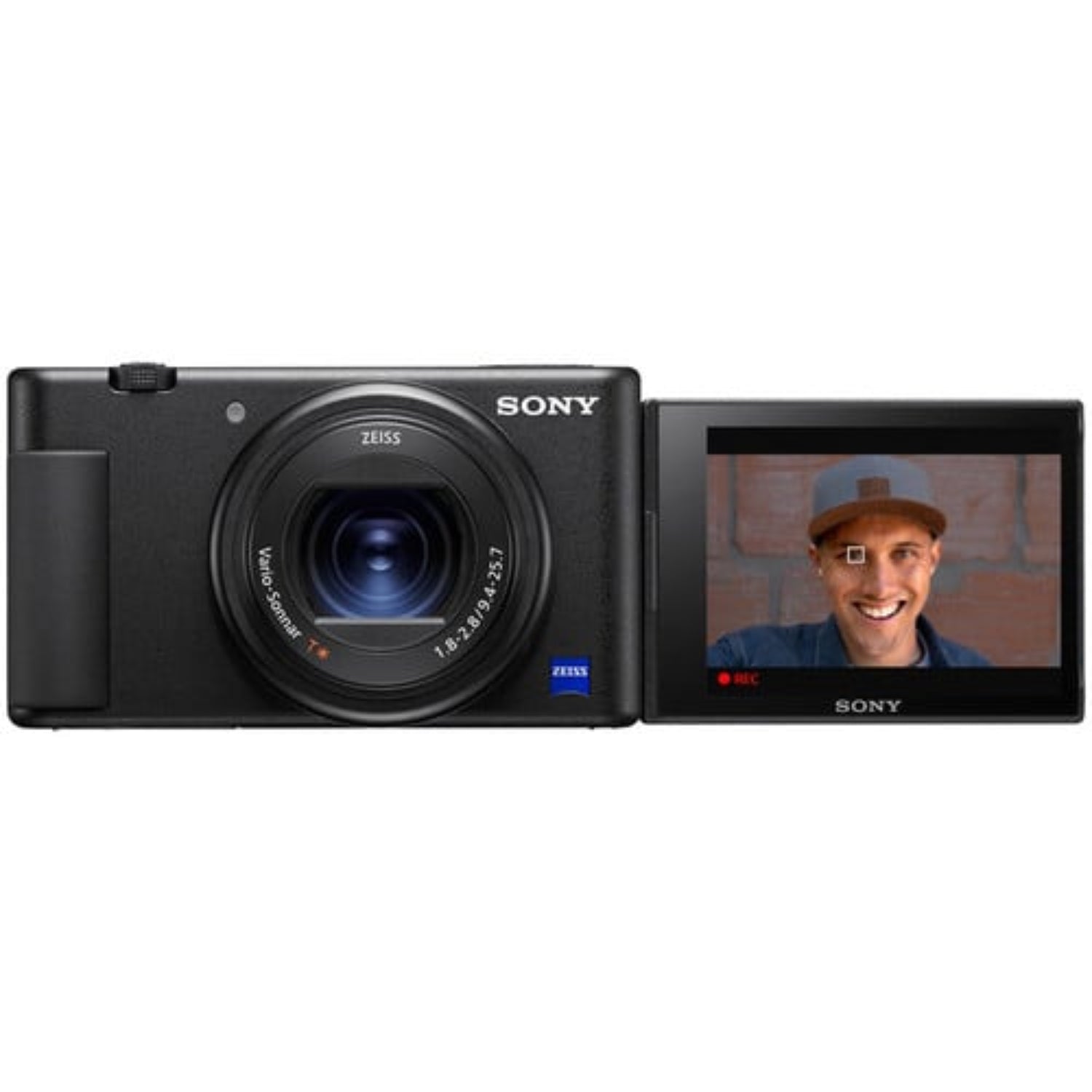 Sony ZV-1 has everything you need to get vlogging. Features a vari-angle touch screen, selfie grip, recording lamp and quality built-in mic with a windscreen.