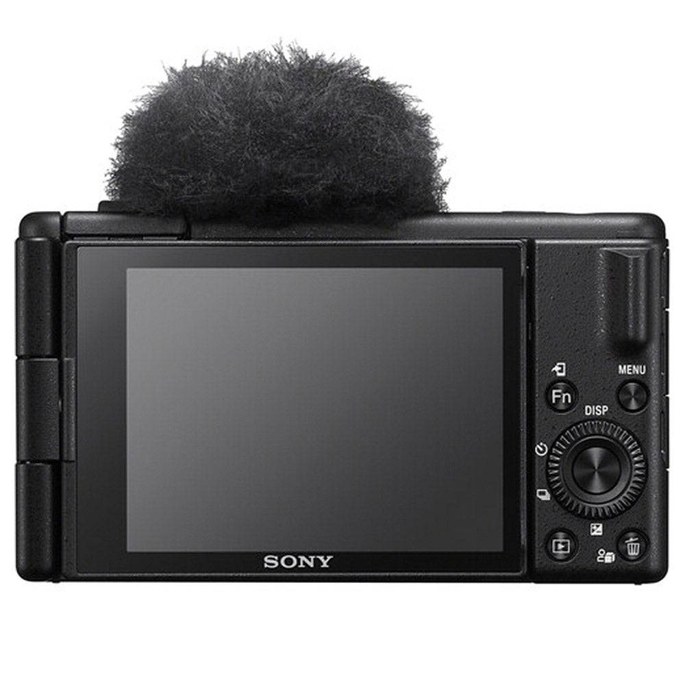 Sony ZV-1 II compact digital vlogging camera with flip-out screen, wide-angle zoom lens, and built-in directional microphone.