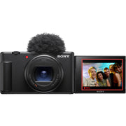 Sony ZV-1 II compact digital vlogging camera with flip-out screen, wide-angle zoom lens, and built-in directional microphone.