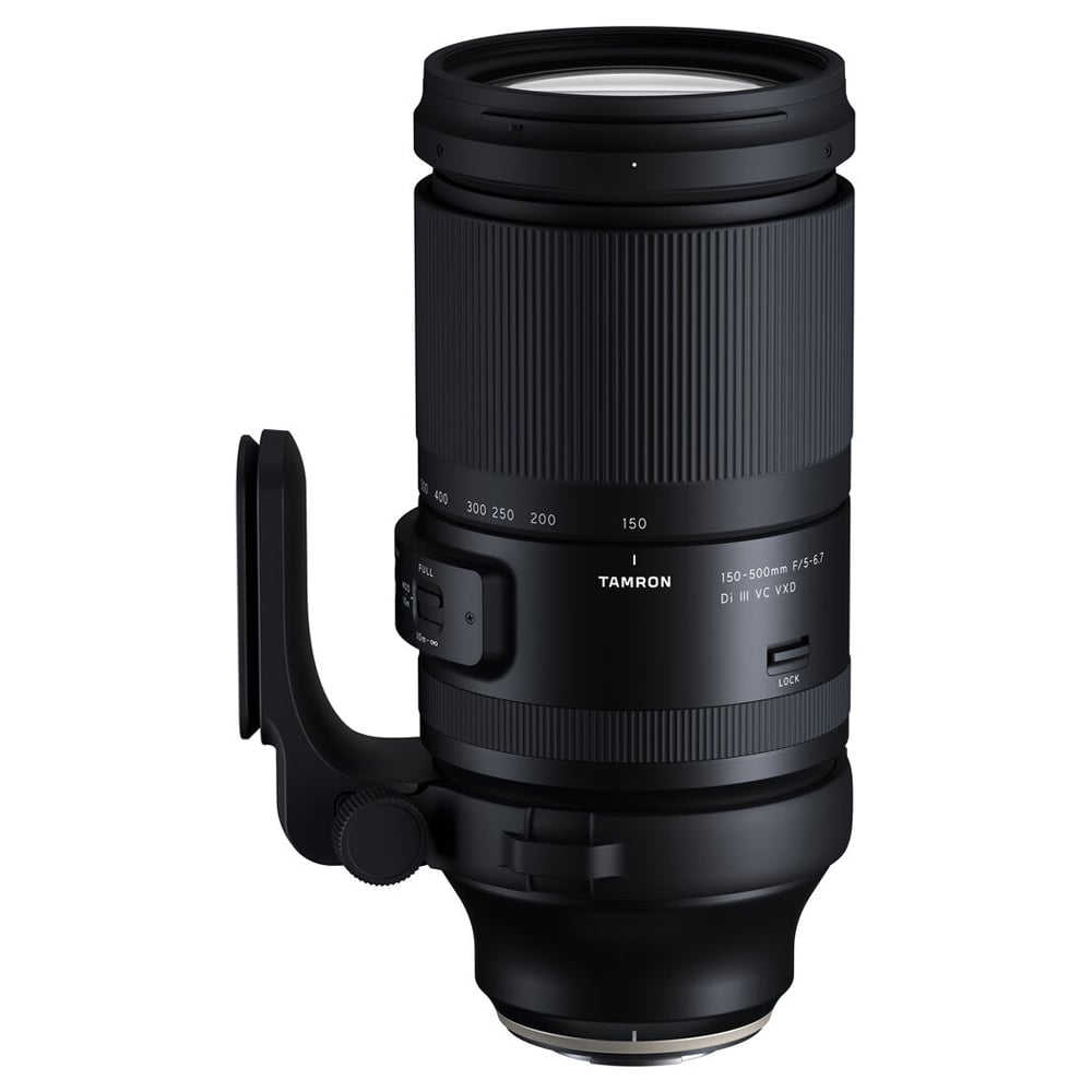 Black camera lens with Tamron branding on a white background