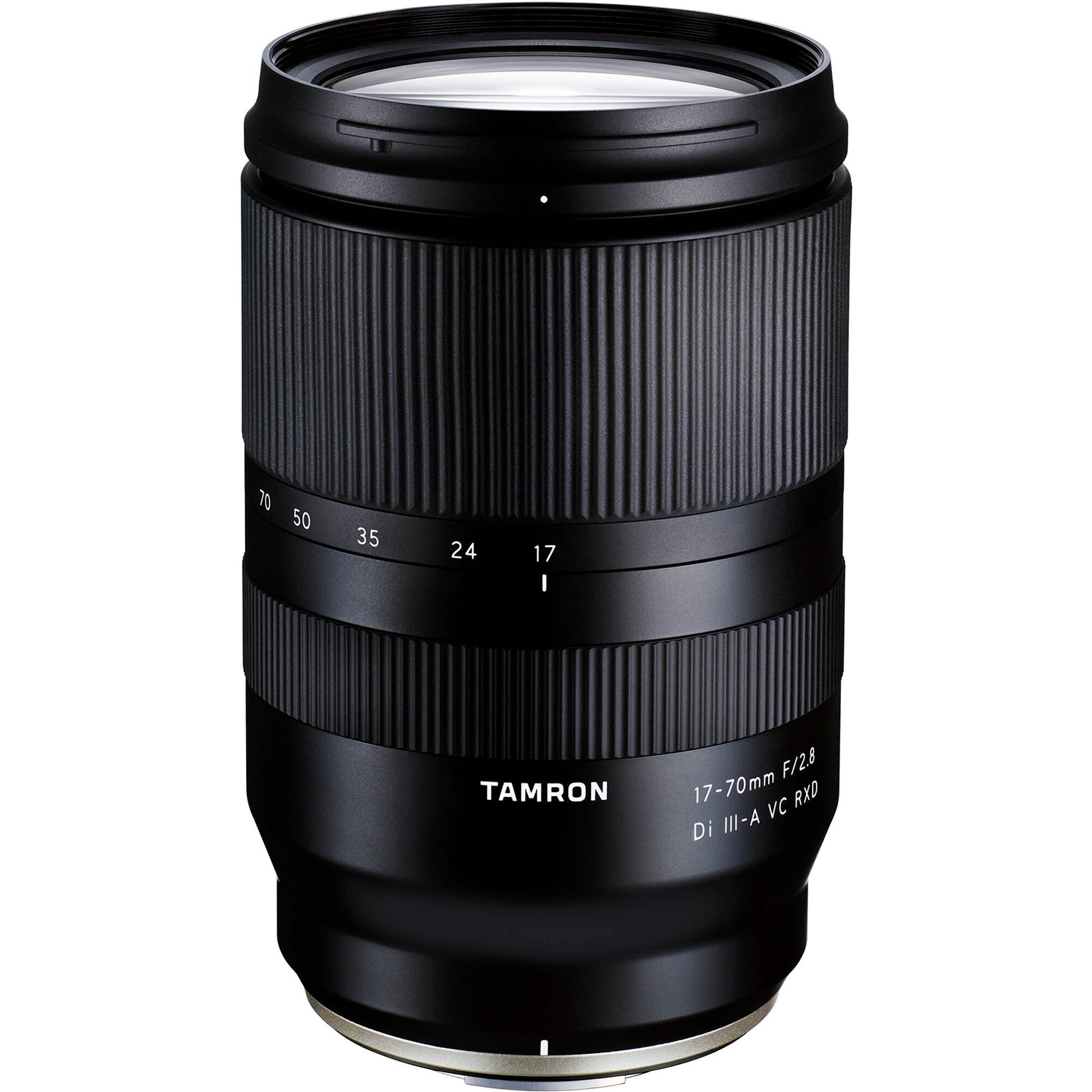 Black camera lens with 'Tamron' branding on a white background