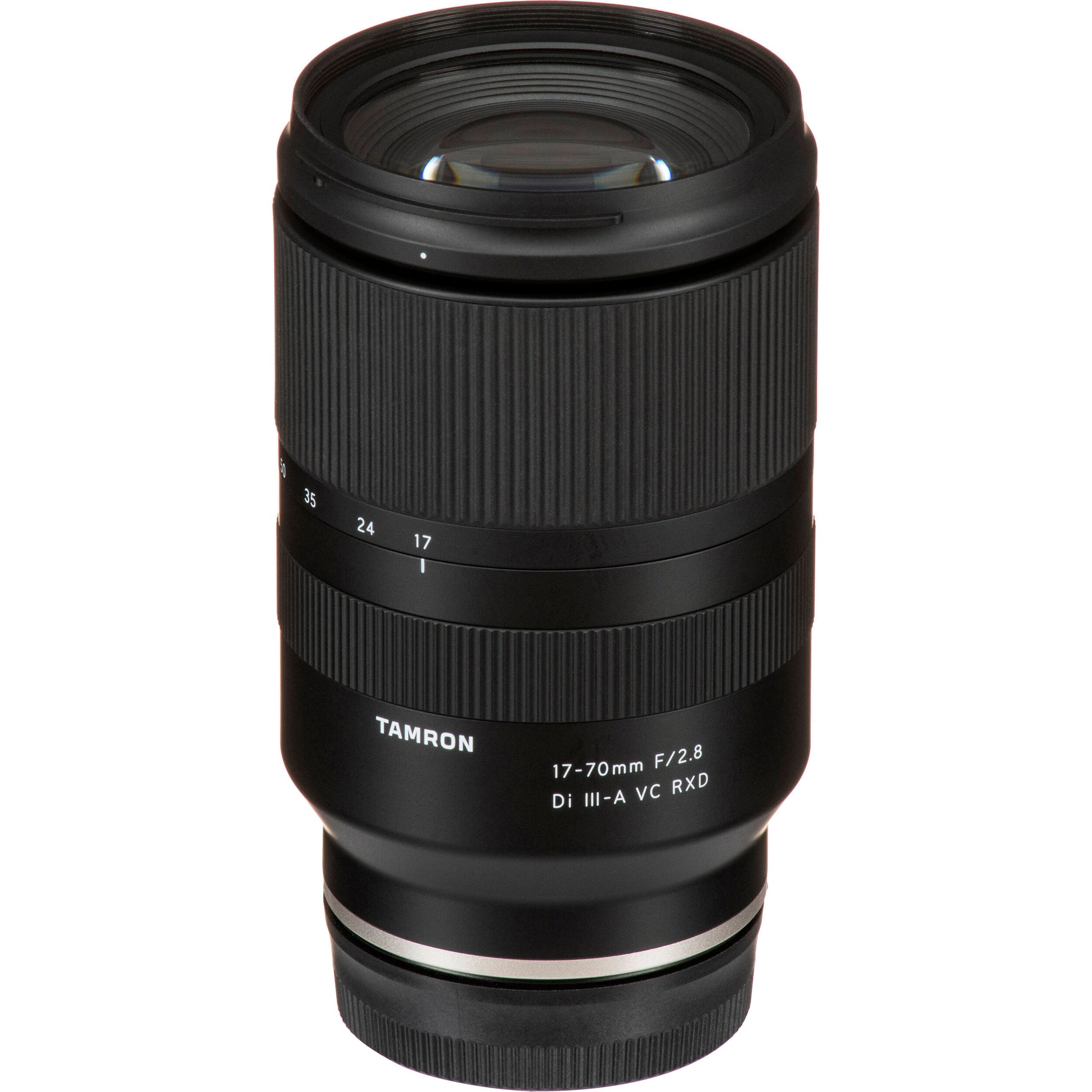 Black camera lens with Tamron branding on a white background