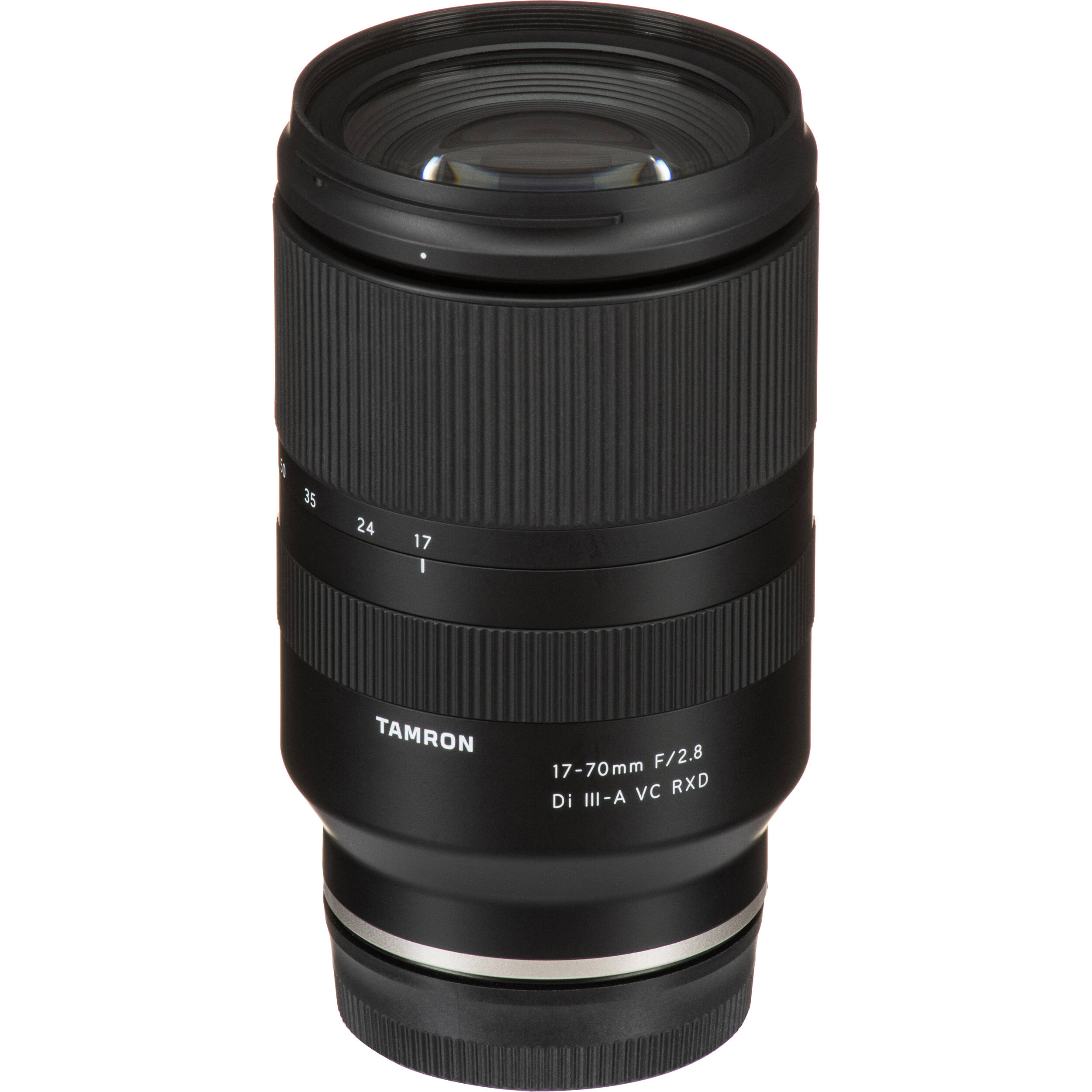 Black camera lens with Tamron branding on a white background