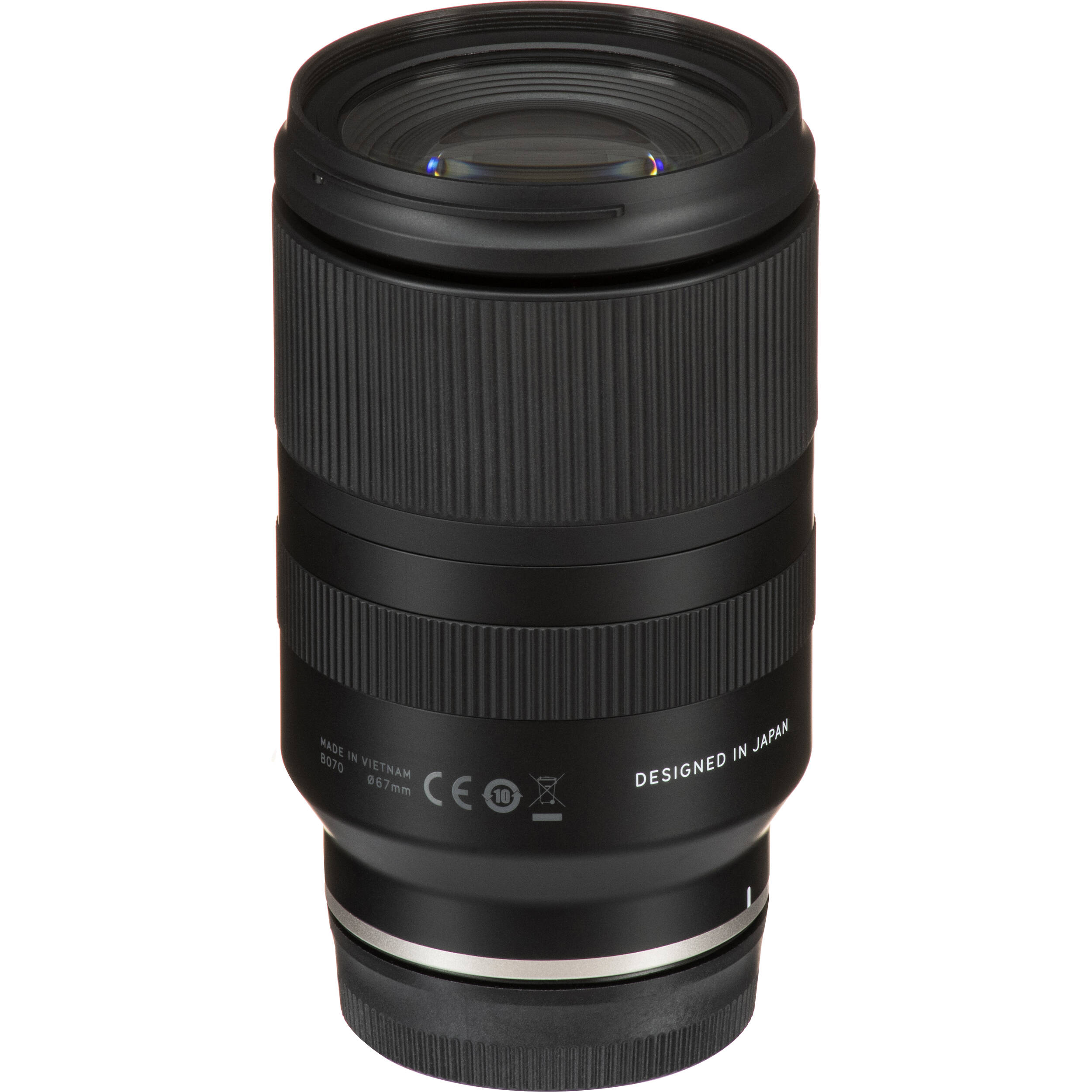Camera lens with 'Designed in Japan' text on a white background