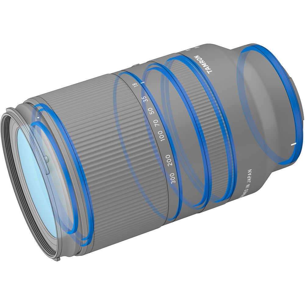 Camera lens with blue accents on a white background