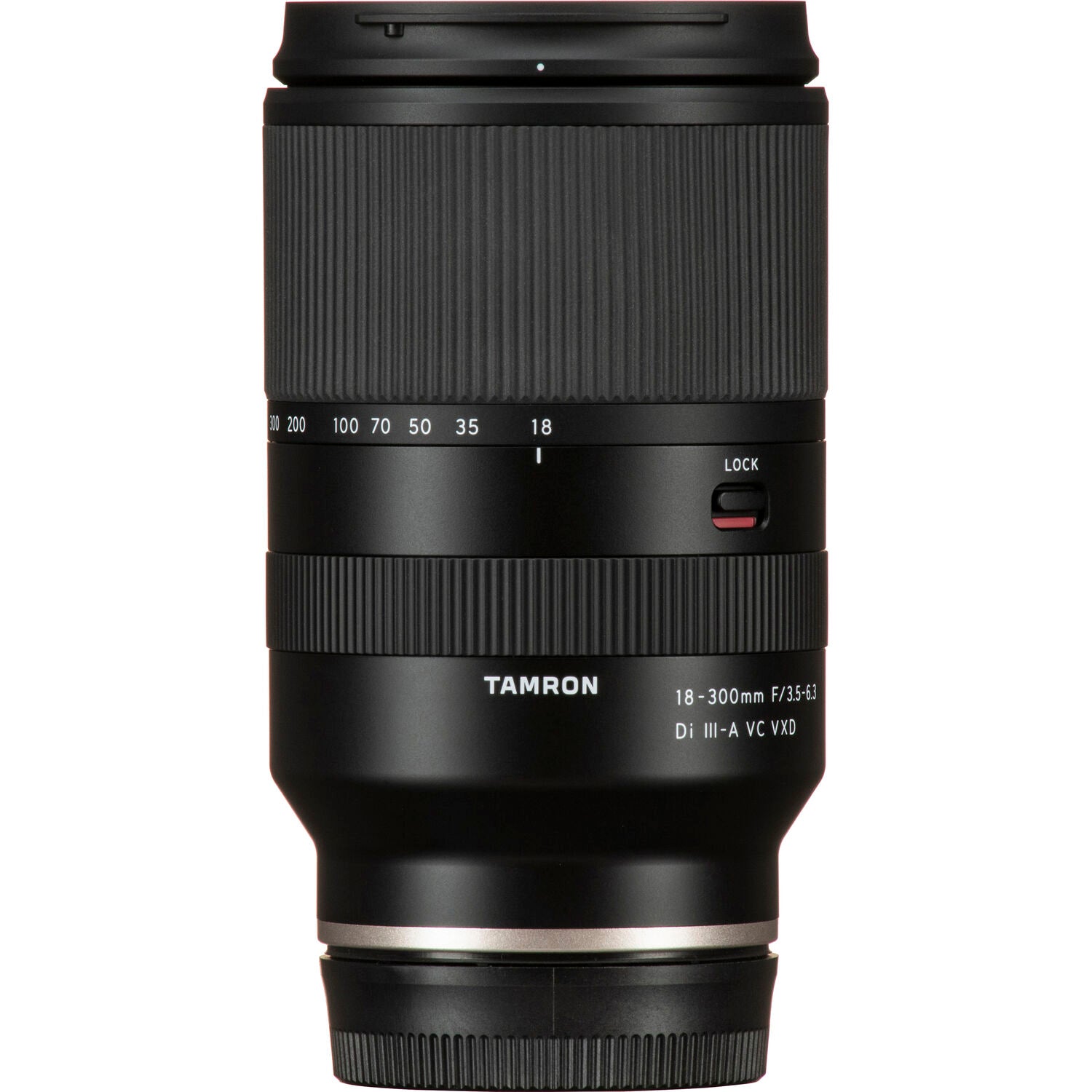 Black camera lens with Tamron branding on a white background