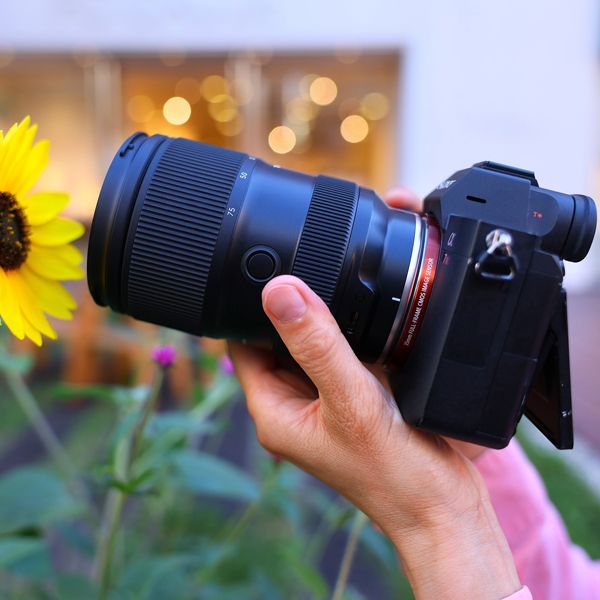 Camera with a large lens held by a hand, with a sunflower in the foreground