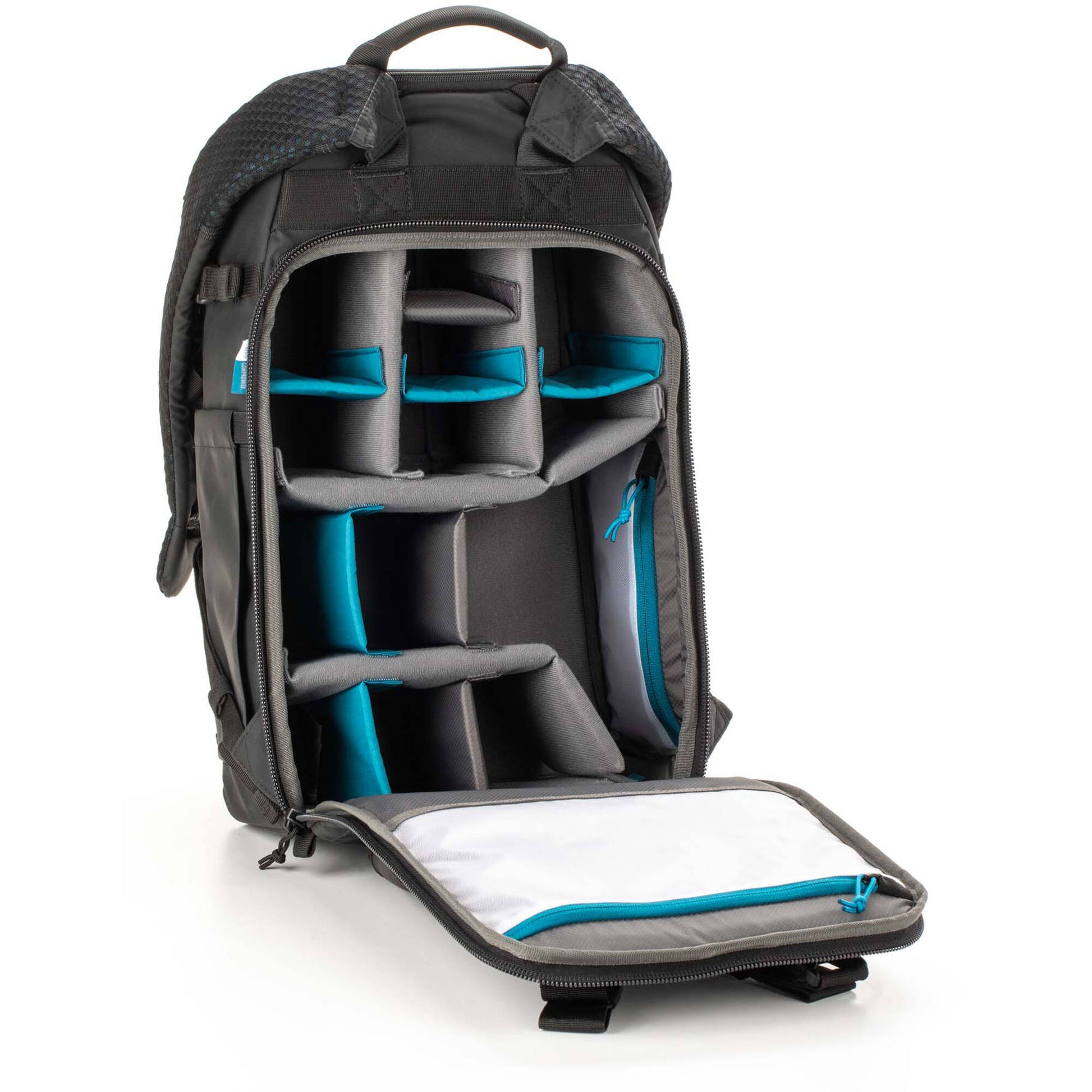 Tenba Axis V2 20L camera backpack with top, side, rear access, laptop/drones storage, MOLLE webbing, and comfy straps.