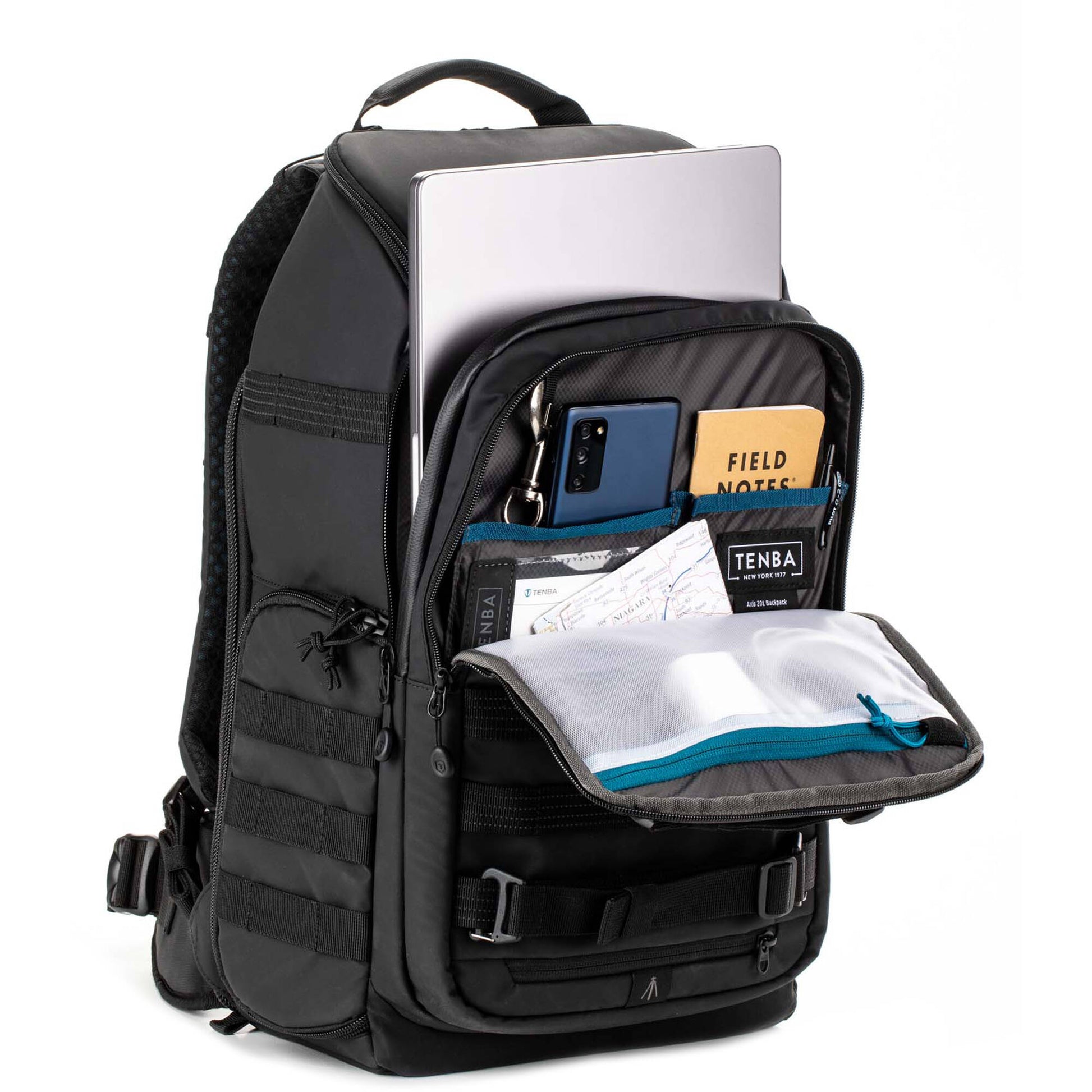 Tenba Axis V2 20L camera backpack with top, side, rear access, laptop/drones storage, MOLLE webbing, and comfy straps.