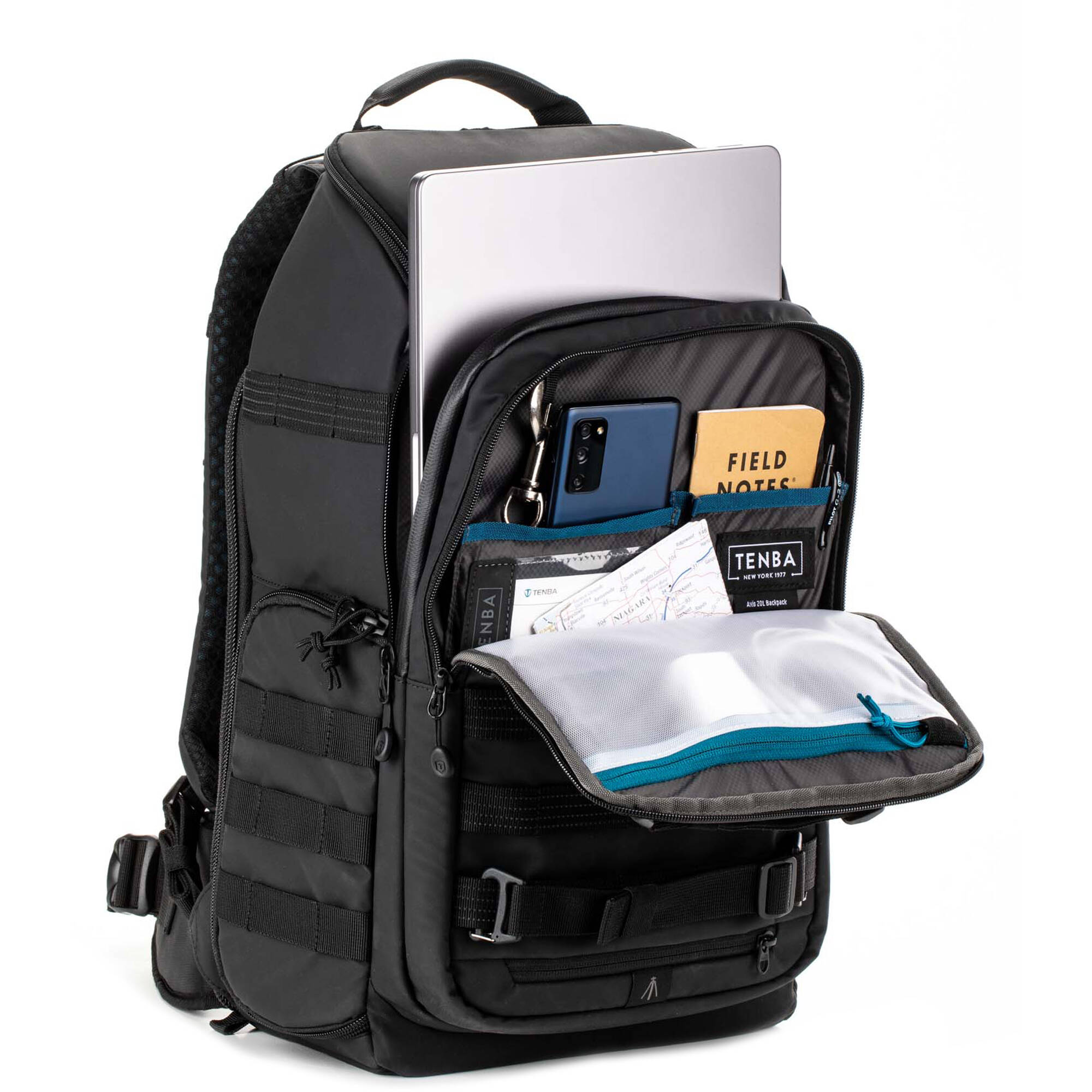 Tenba Axis V2 20L camera backpack with top, side, rear access, laptop/drones storage, MOLLE webbing, and comfy straps.