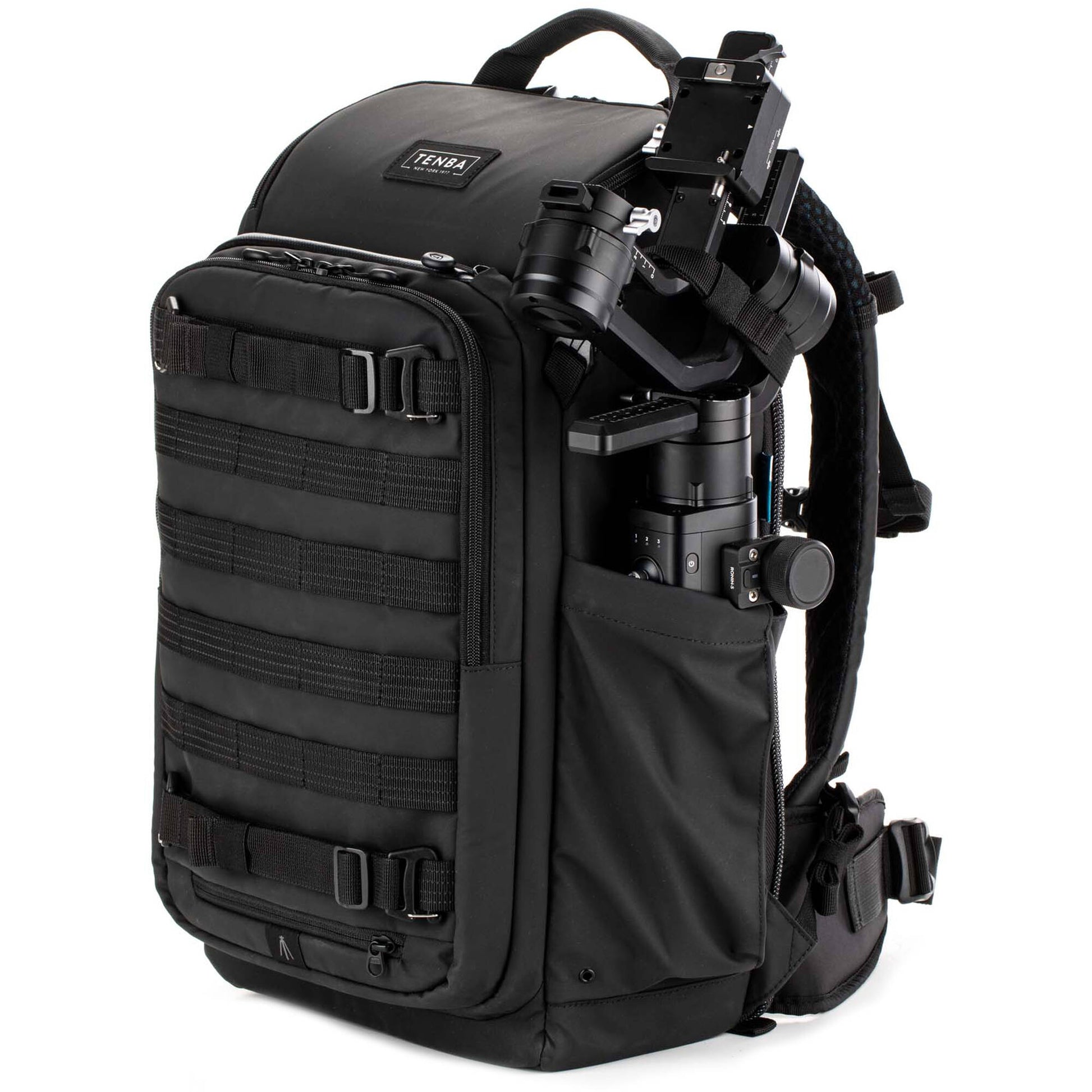 Tenba Axis V2 20L camera backpack with top, side, rear access, laptop/drones storage, MOLLE webbing, and comfy straps.
