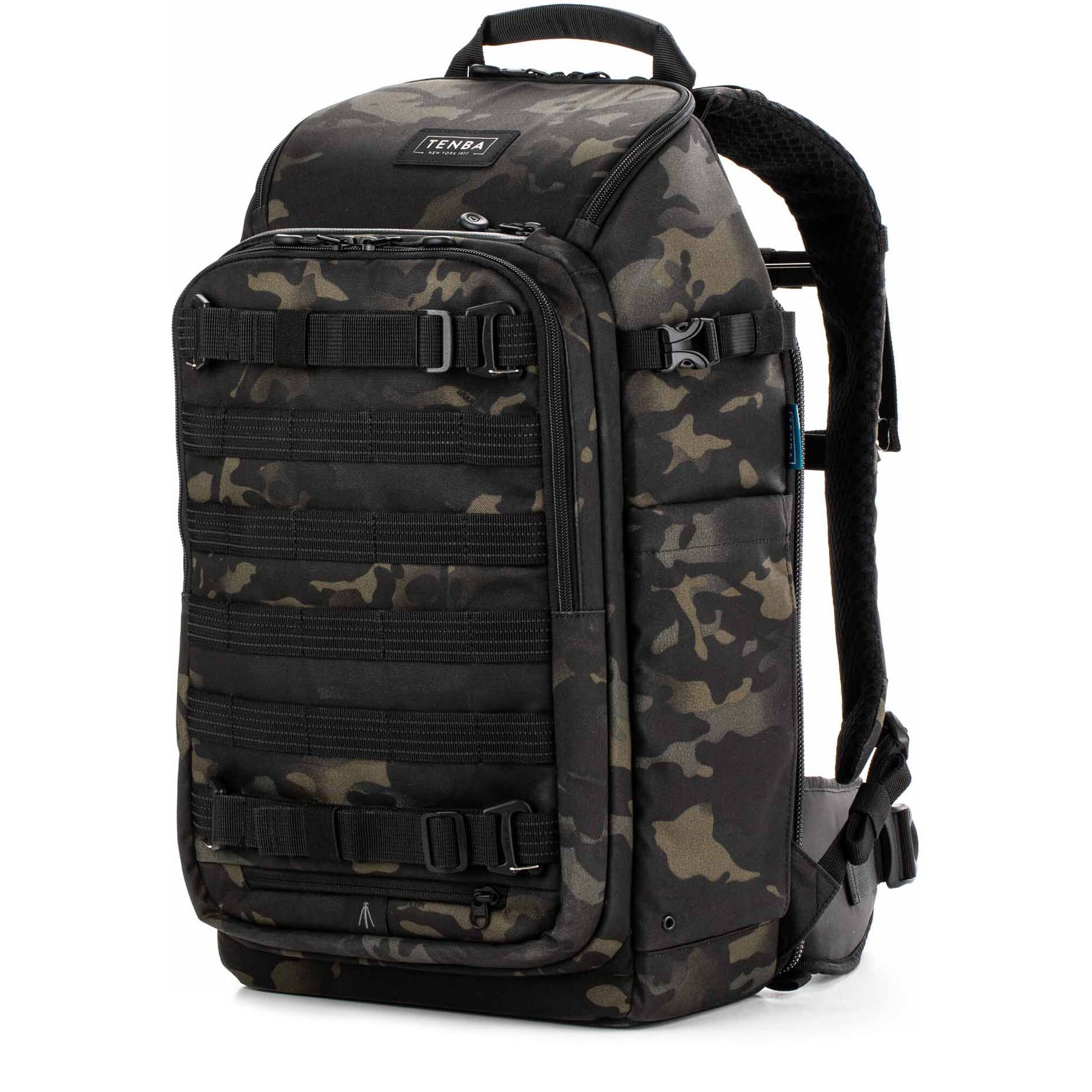 Tenba Axis V2 20L camera backpack with top, side, rear access, laptop/drones storage, MOLLE webbing, and comfy straps.