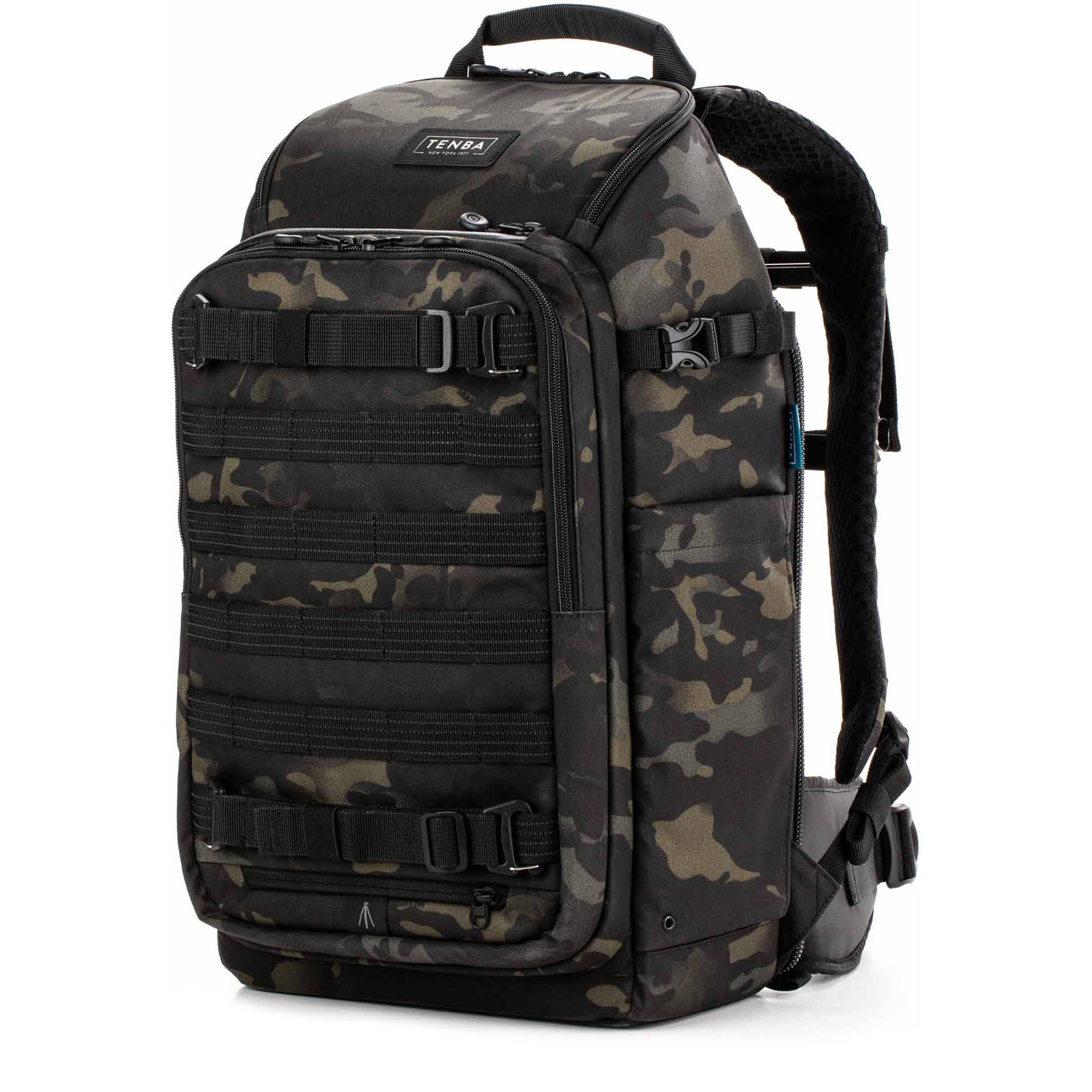 Tenba Axis V2 20L camera backpack with top, side, rear access, laptop/drones storage, MOLLE webbing, and comfy straps.
