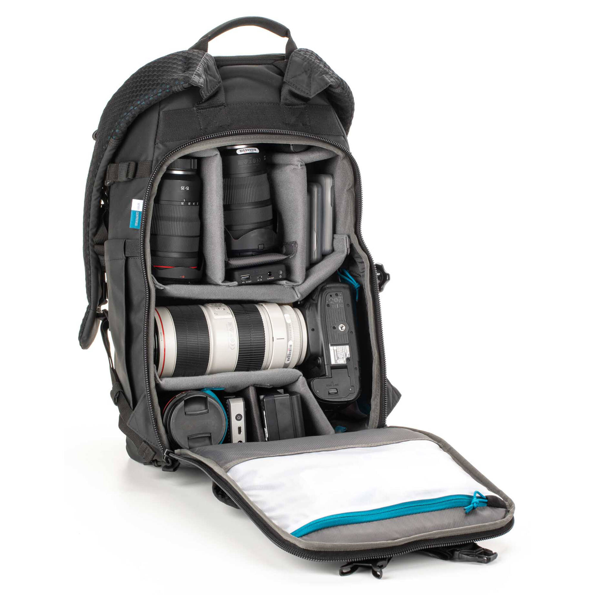 Tenba Axis V2 20L camera backpack with top, side, rear access, laptop/drones storage, MOLLE webbing, and comfy straps.