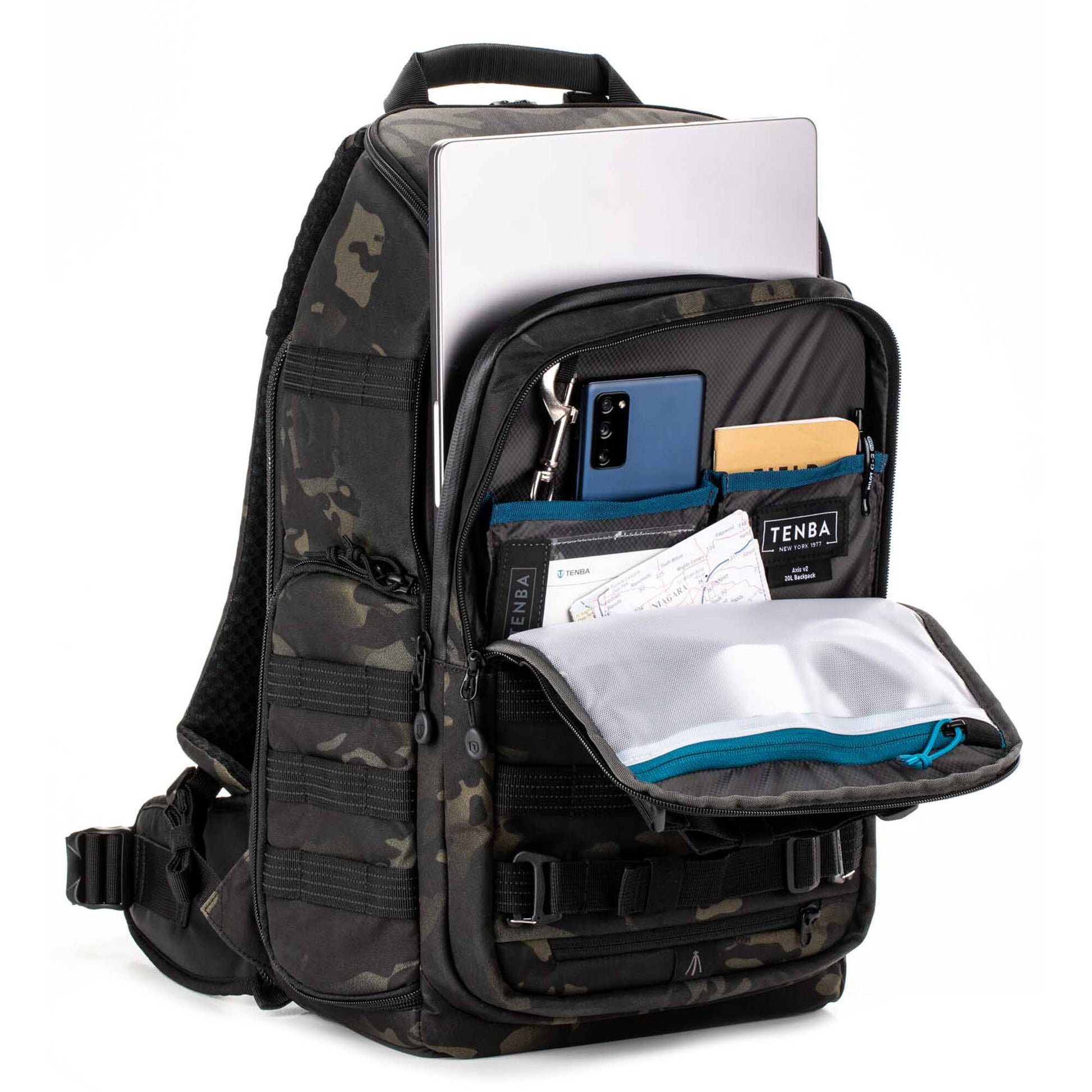 Tenba Axis V2 20L camera backpack with top, side, rear access, laptop/drones storage, MOLLE webbing, and comfy straps.