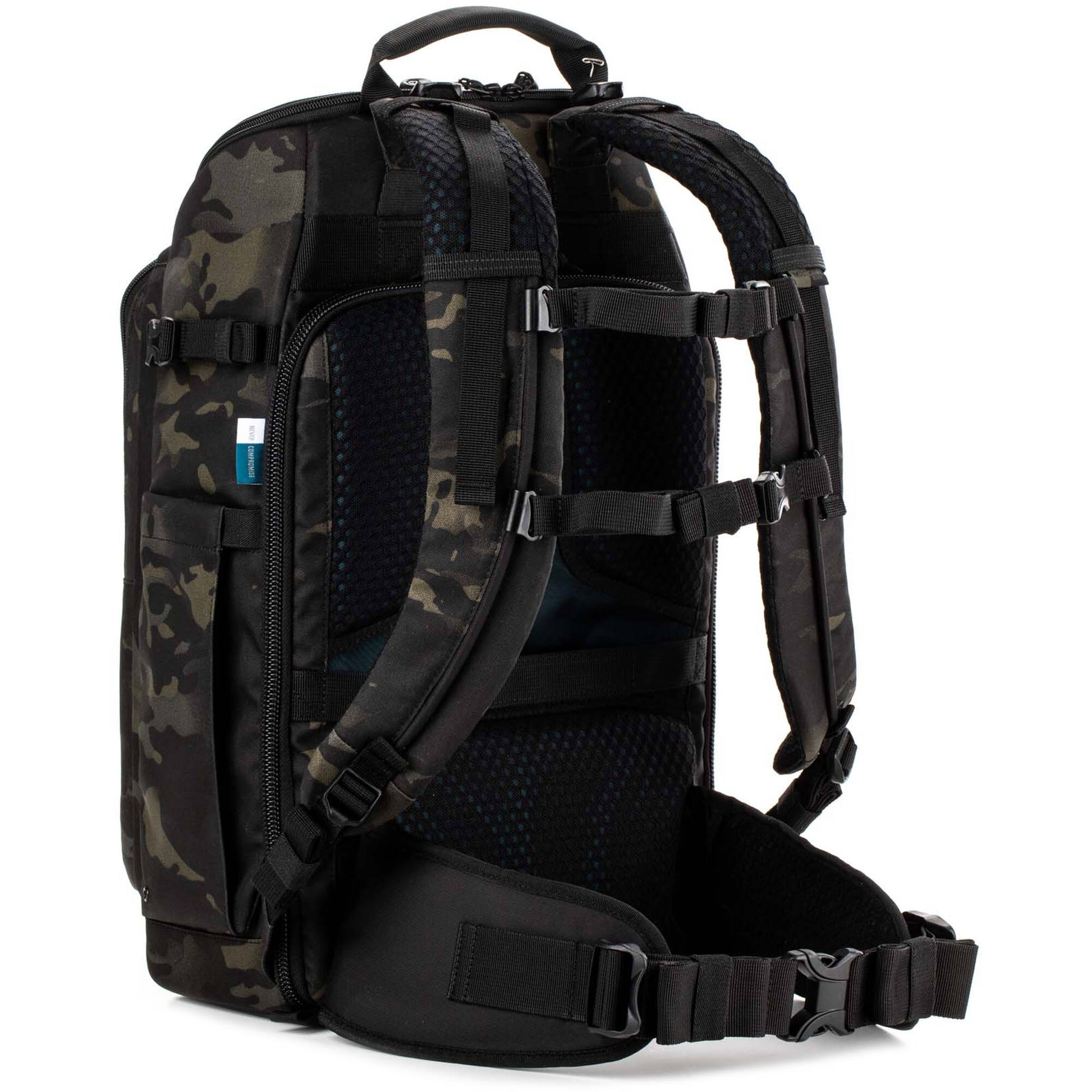 Tenba Axis V2 20L camera backpack with top, side, rear access, laptop/drones storage, MOLLE webbing, and comfy straps.