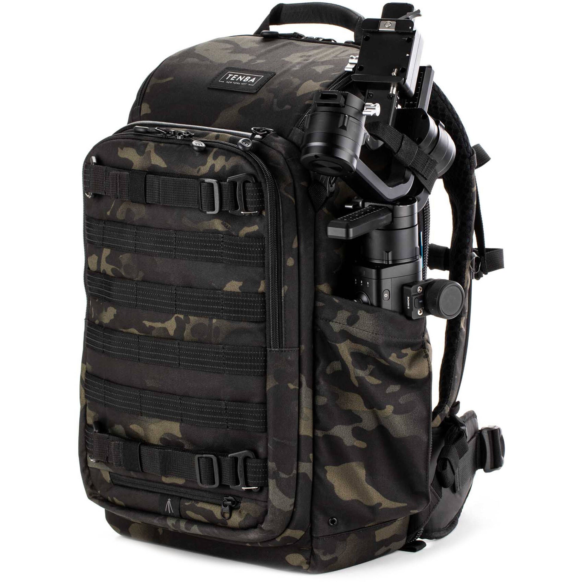 Tenba Axis V2 20L camera backpack with top, side, rear access, laptop/drones storage, MOLLE webbing, and comfy straps.