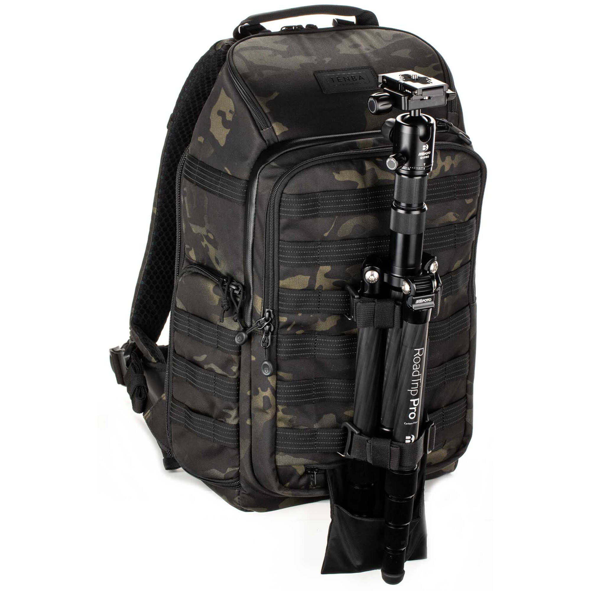 Tenba Axis V2 20L camera backpack with top, side, rear access, laptop/drones storage, MOLLE webbing, and comfy straps.