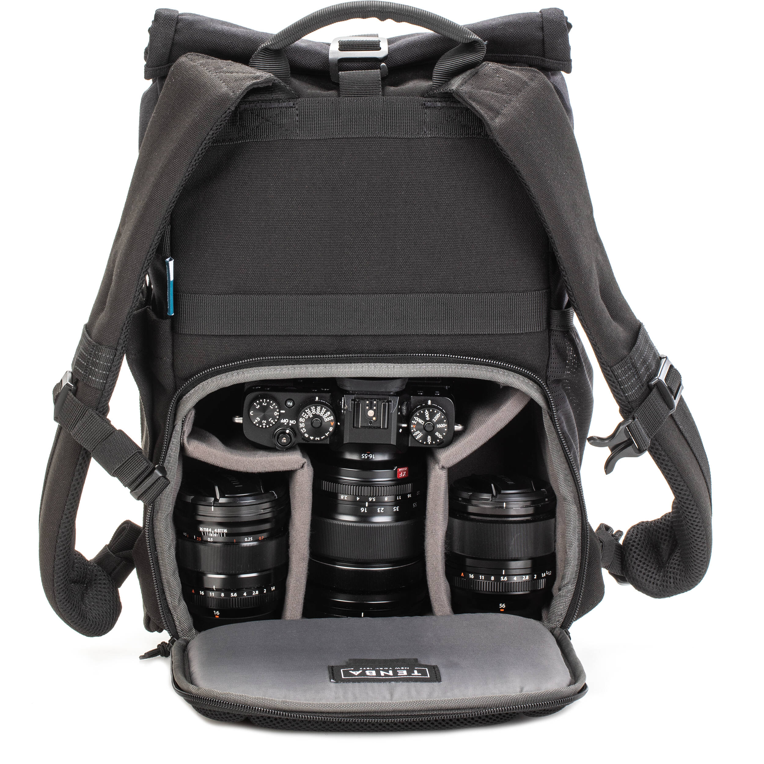 Tenba Fulton V2 16L Backpack in vintage style with rear camera access, rolltop, tripod support, and padded laptop sleeve.
