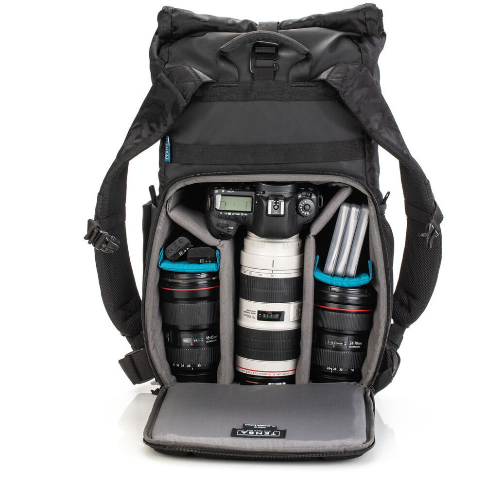 Tenba Fulton V2 16L Backpack in vintage style with rear camera access, rolltop, tripod support, and padded laptop sleeve.