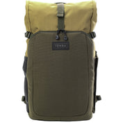 Tenba Fulton V2 16L Backpack in vintage style with rear camera access, rolltop, tripod support, and padded laptop sleeve.