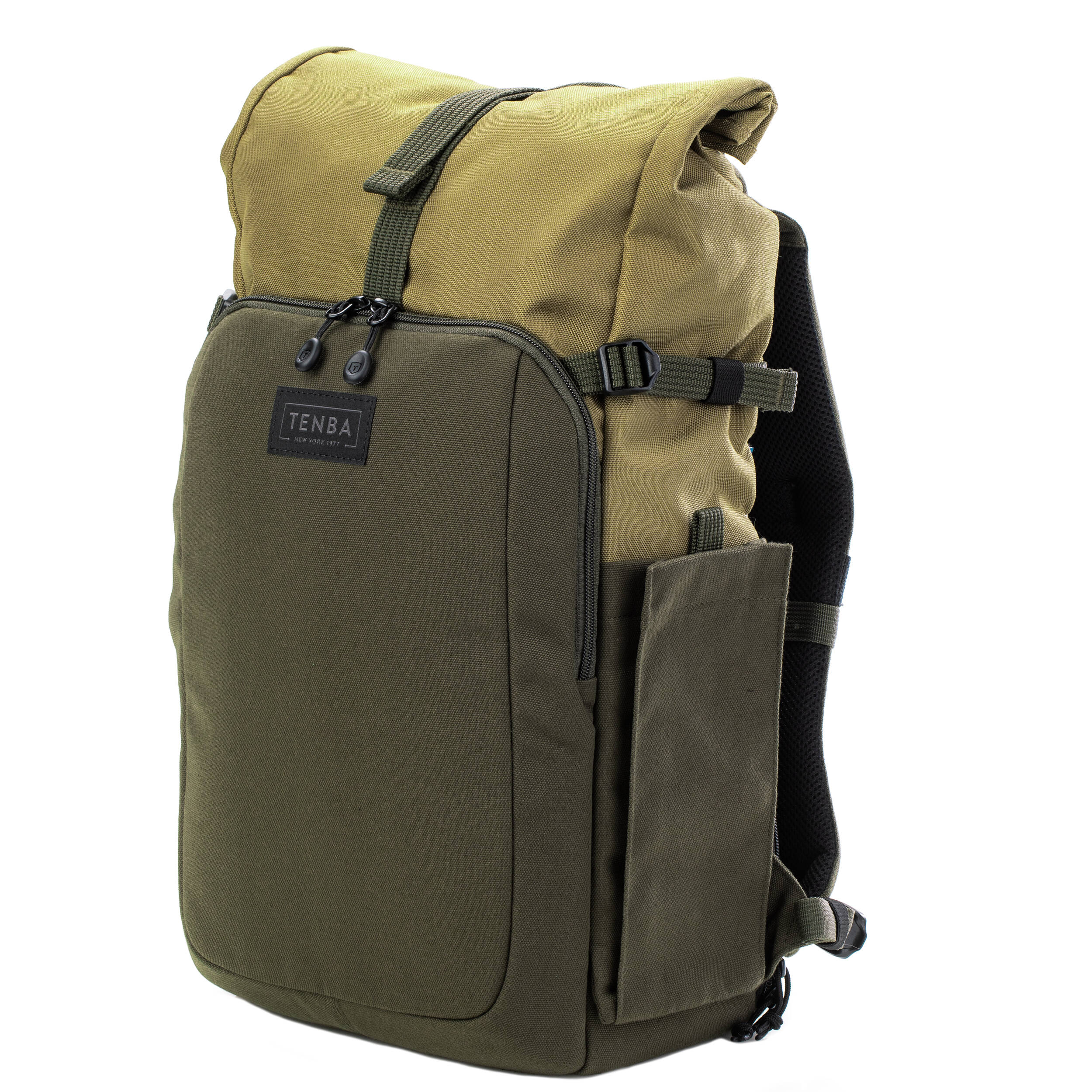 Tenba Fulton V2 16L Backpack in vintage style with rear camera access, rolltop, tripod support, and padded laptop sleeve.