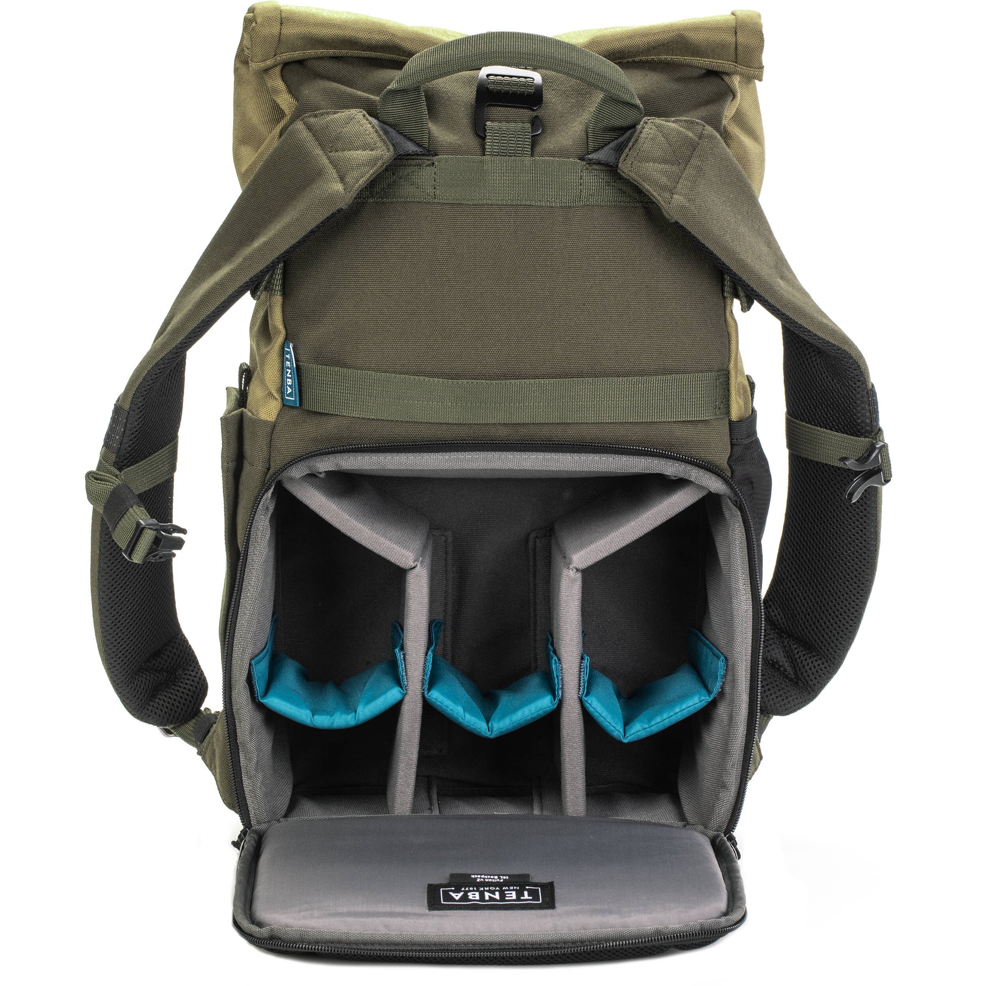 Tenba Fulton V2 16L Backpack in vintage style with rear camera access, rolltop, tripod support, and padded laptop sleeve.