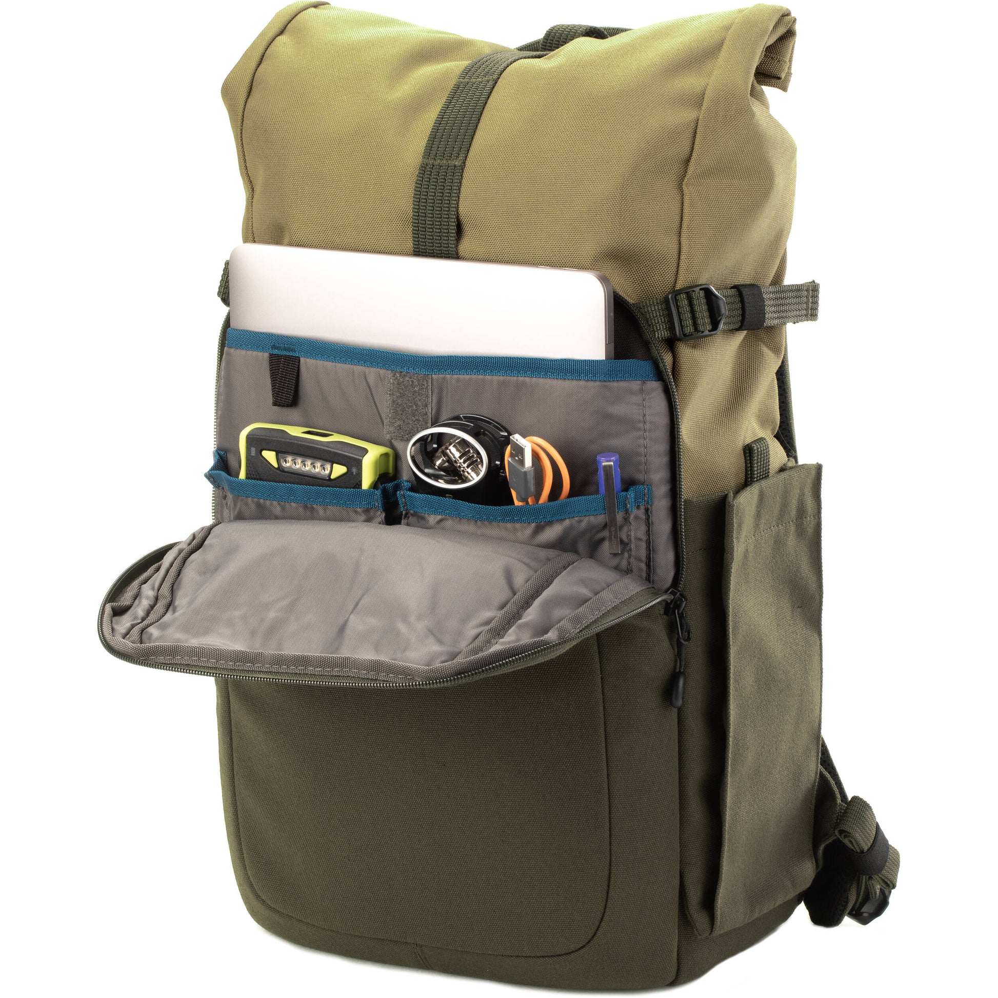 Tenba Fulton V2 16L Backpack in vintage style with rear camera access, rolltop, tripod support, and padded laptop sleeve.