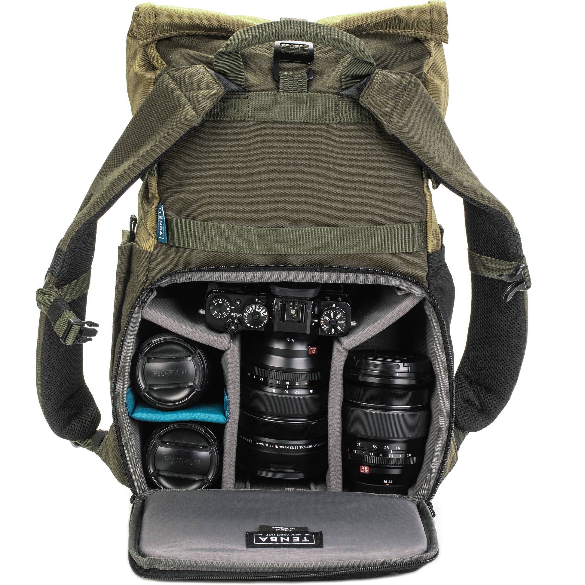 Tenba Fulton V2 16L Backpack in vintage style with rear camera access, rolltop, tripod support, and padded laptop sleeve.