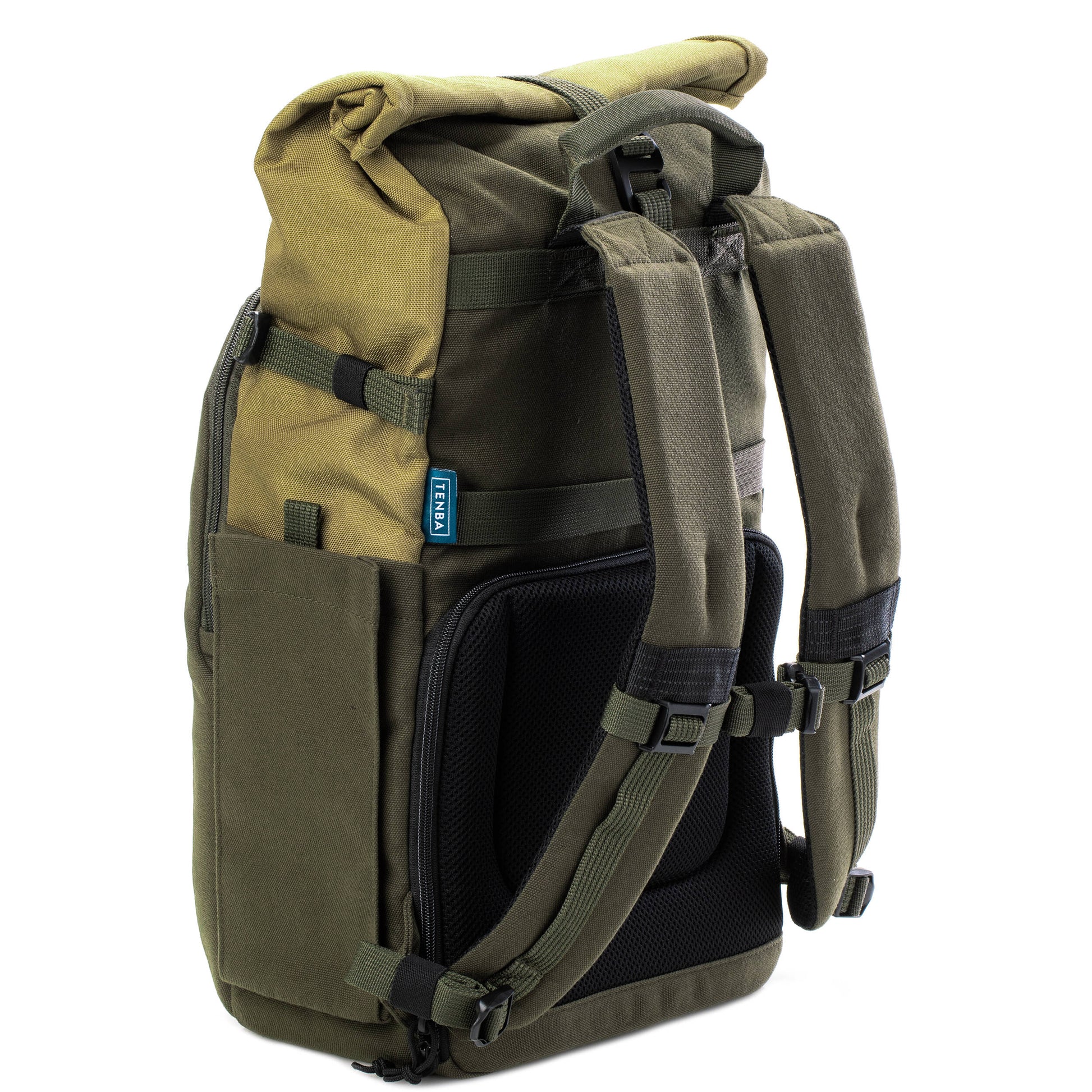 Tenba Fulton V2 16L Backpack in vintage style with rear camera access, rolltop, tripod support, and padded laptop sleeve.