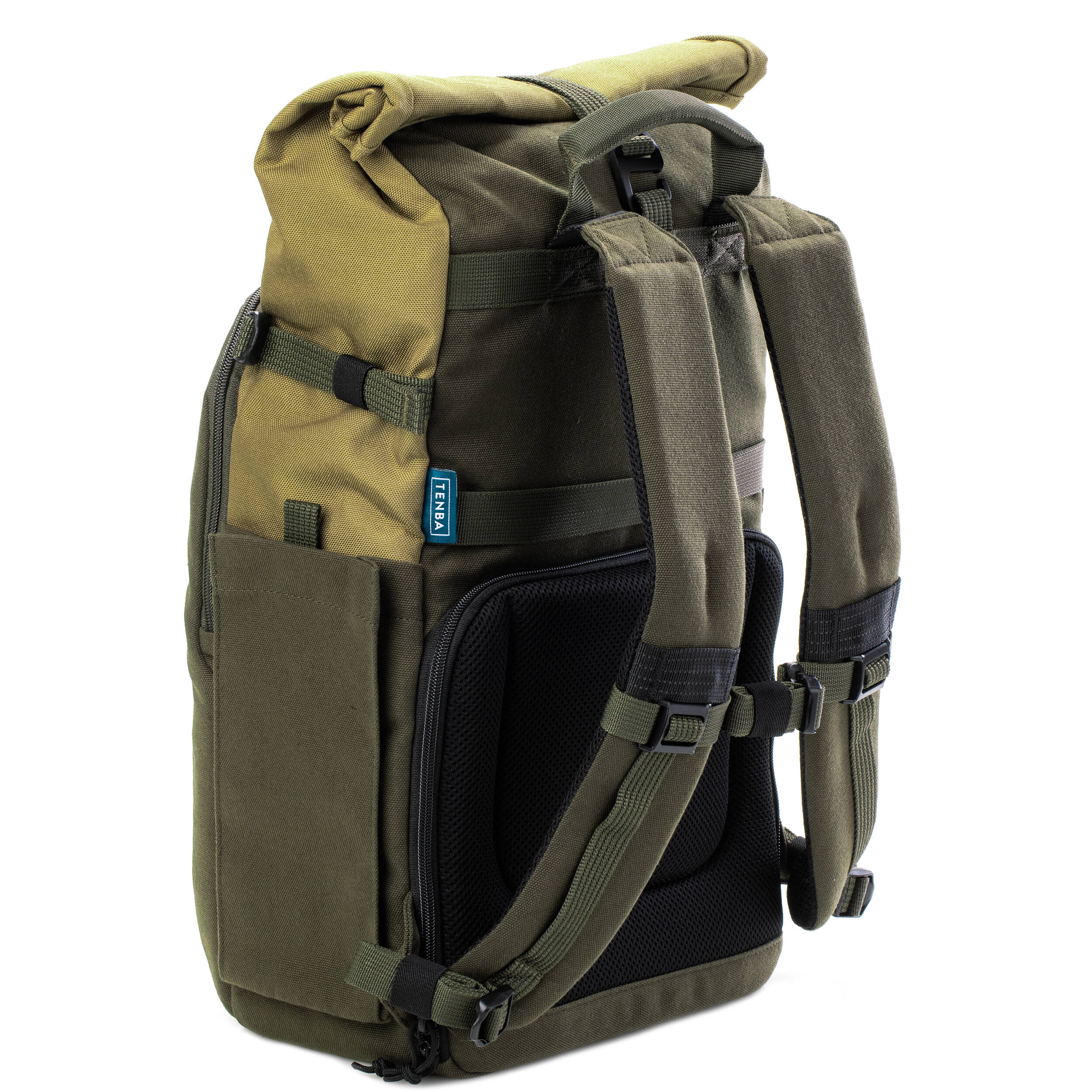 Tenba Fulton V2 16L Backpack in vintage style with rear camera access, rolltop, tripod support, and padded laptop sleeve.