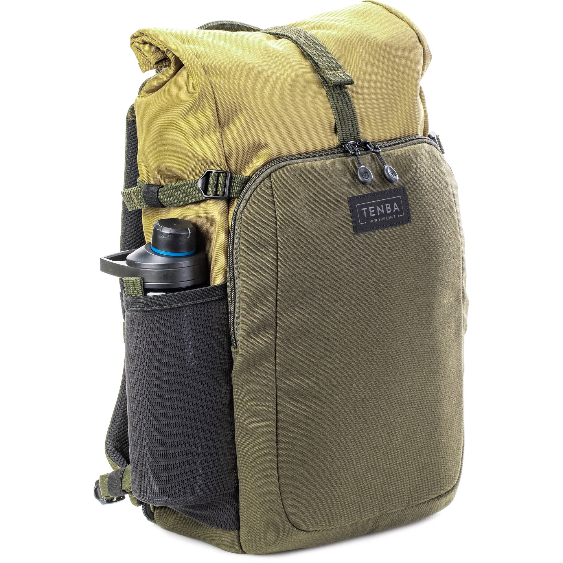 Tenba Fulton V2 16L Backpack in vintage style with rear camera access, rolltop, tripod support, and padded laptop sleeve.