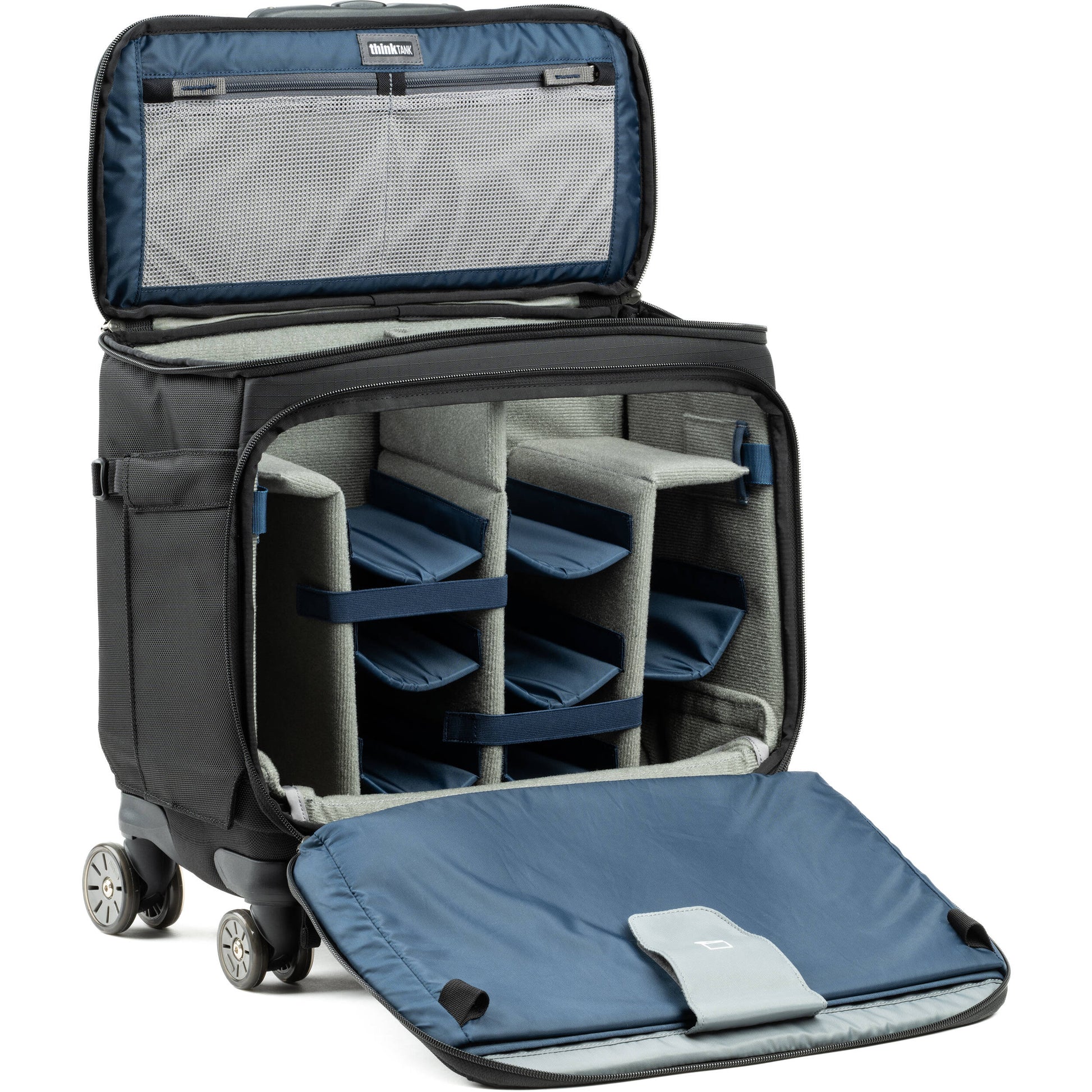 Think Tank Airport Navigator V2 rolling camera bag with laptop compartment and adjustable dividers.