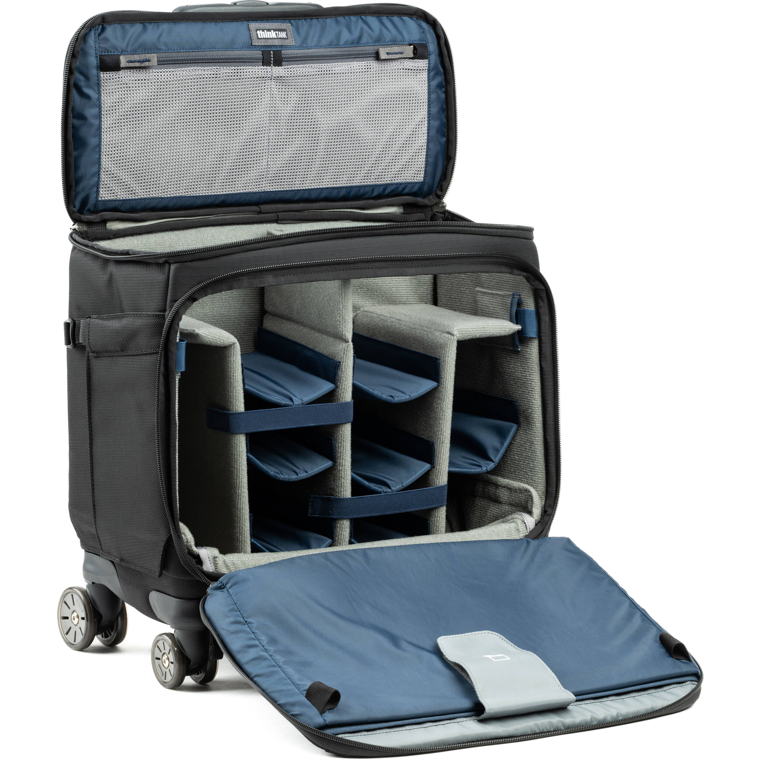 Think Tank Airport Navigator V2 rolling camera bag with laptop compartment and adjustable dividers.