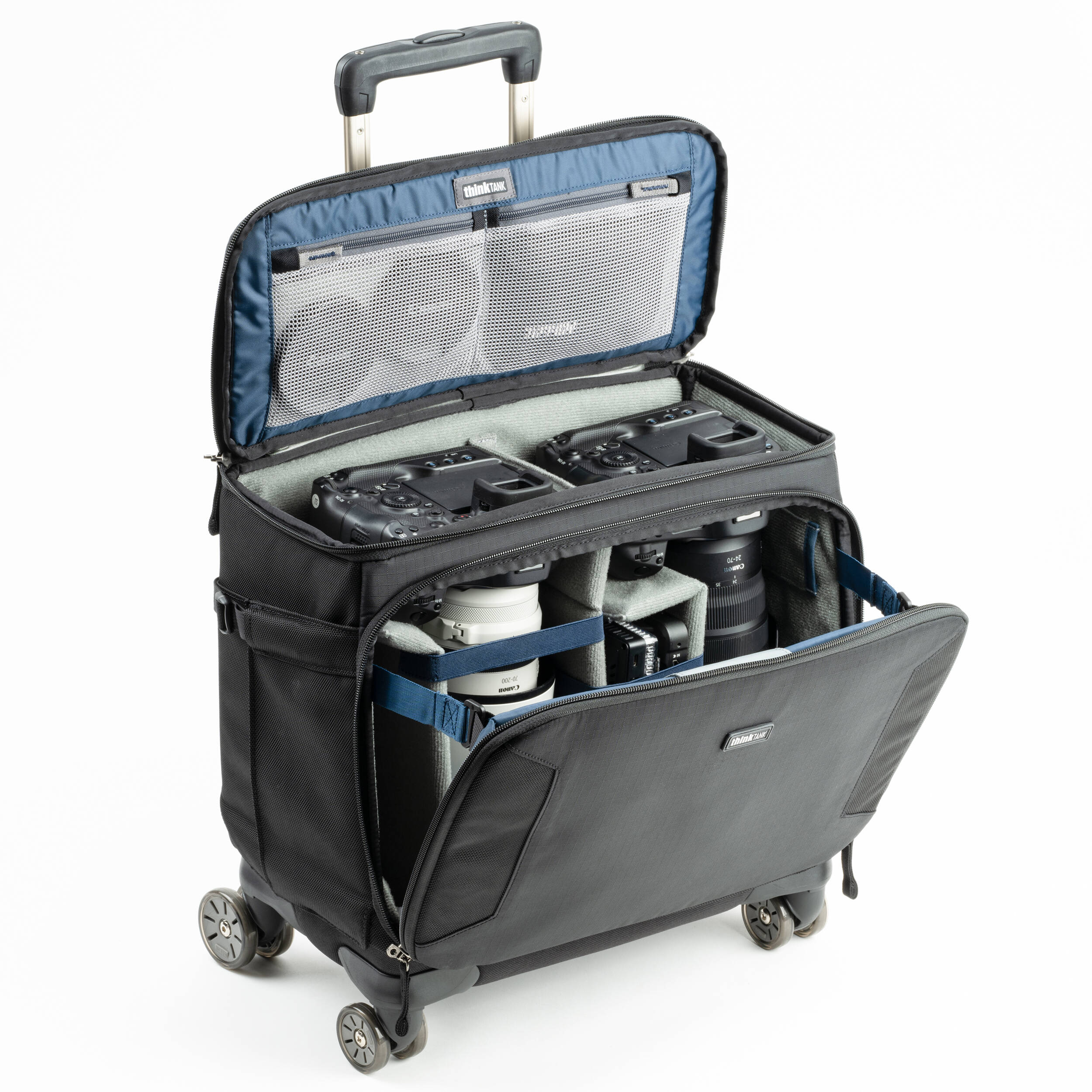 Think Tank Airport Navigator V2 rolling camera bag with laptop compartment and adjustable dividers.