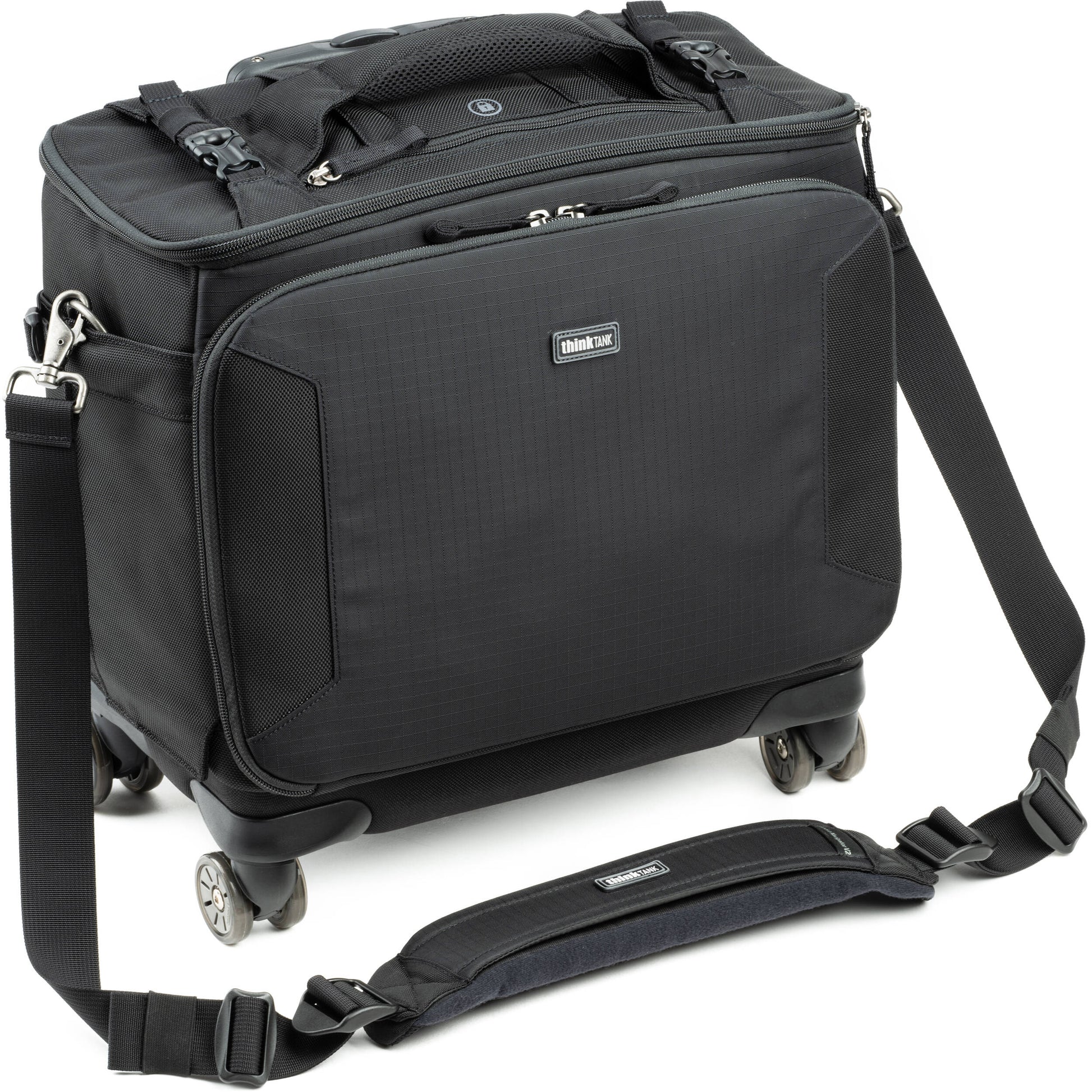 Think Tank Airport Navigator V2 rolling camera bag with laptop compartment and adjustable dividers.