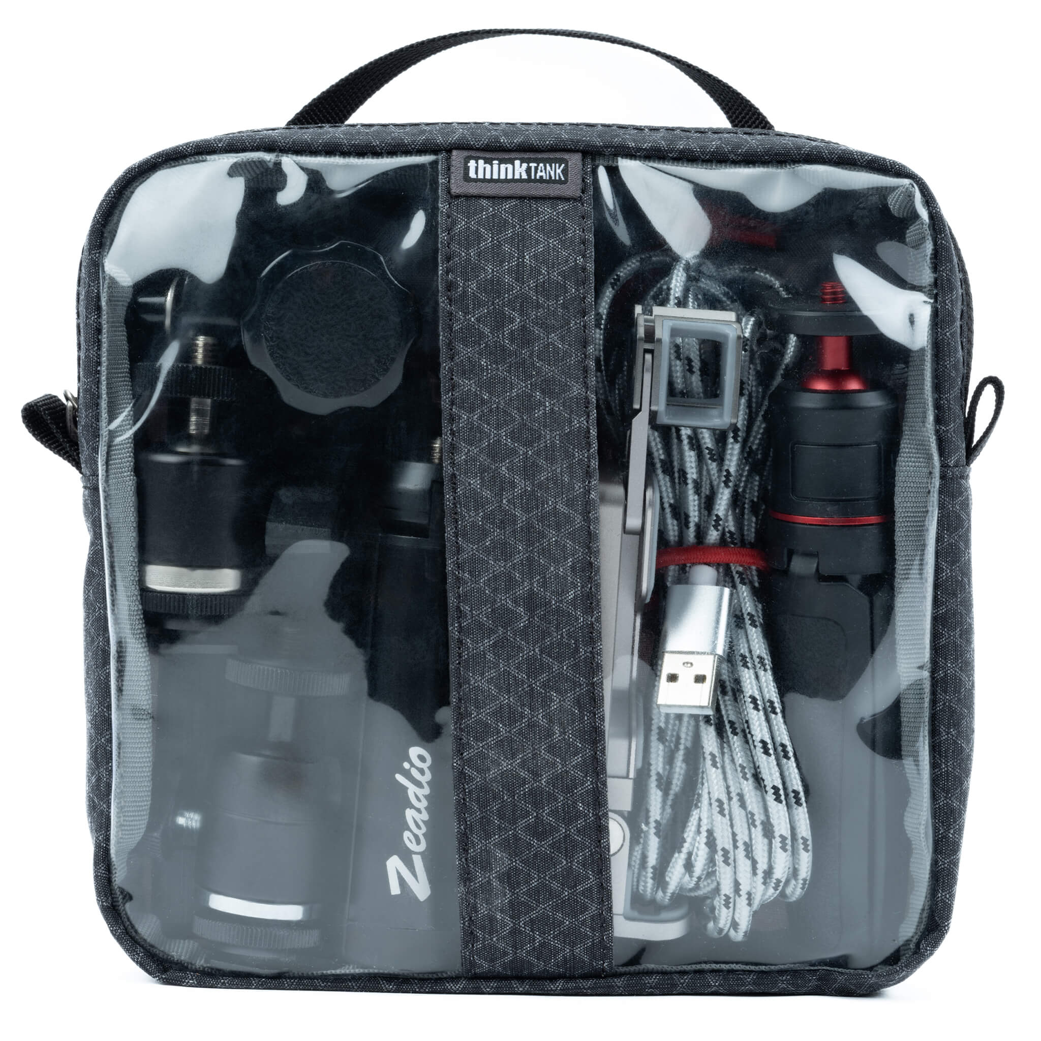 Think Tank Cable Management clear pouch for organising cables with easy visibility.