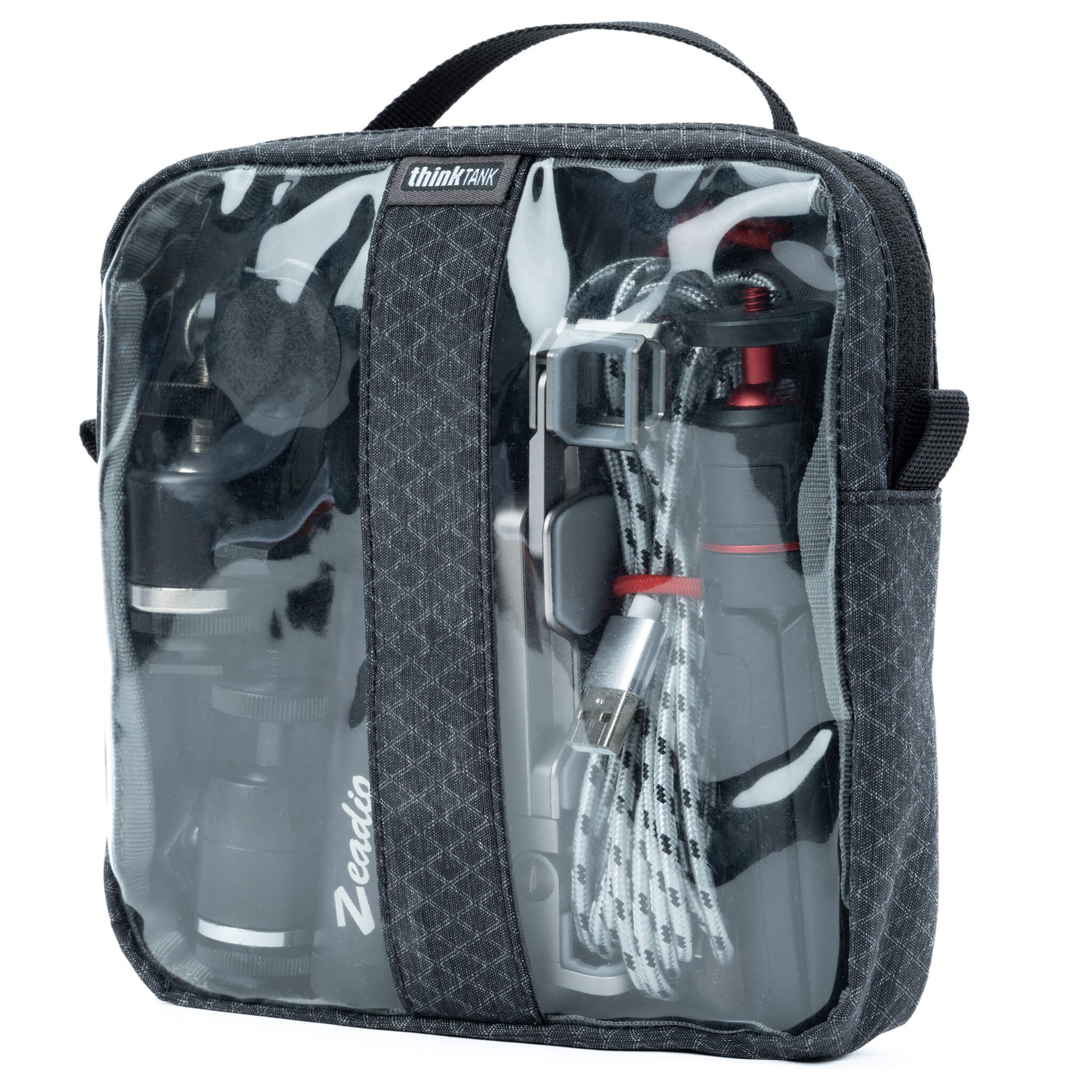 Think Tank Cable Management clear pouch for organising cables with easy visibility.