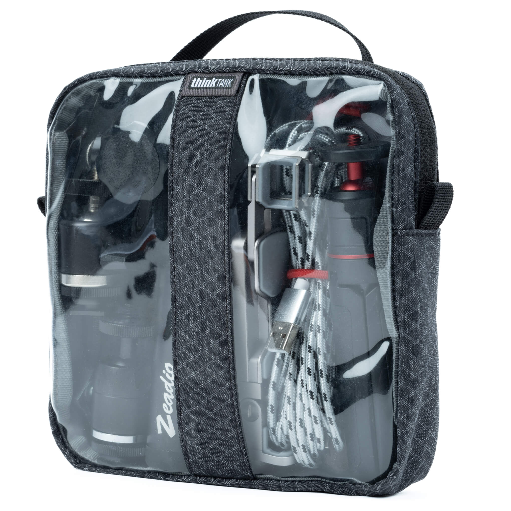 Think Tank Cable Management clear pouch for organising cables with easy visibility.