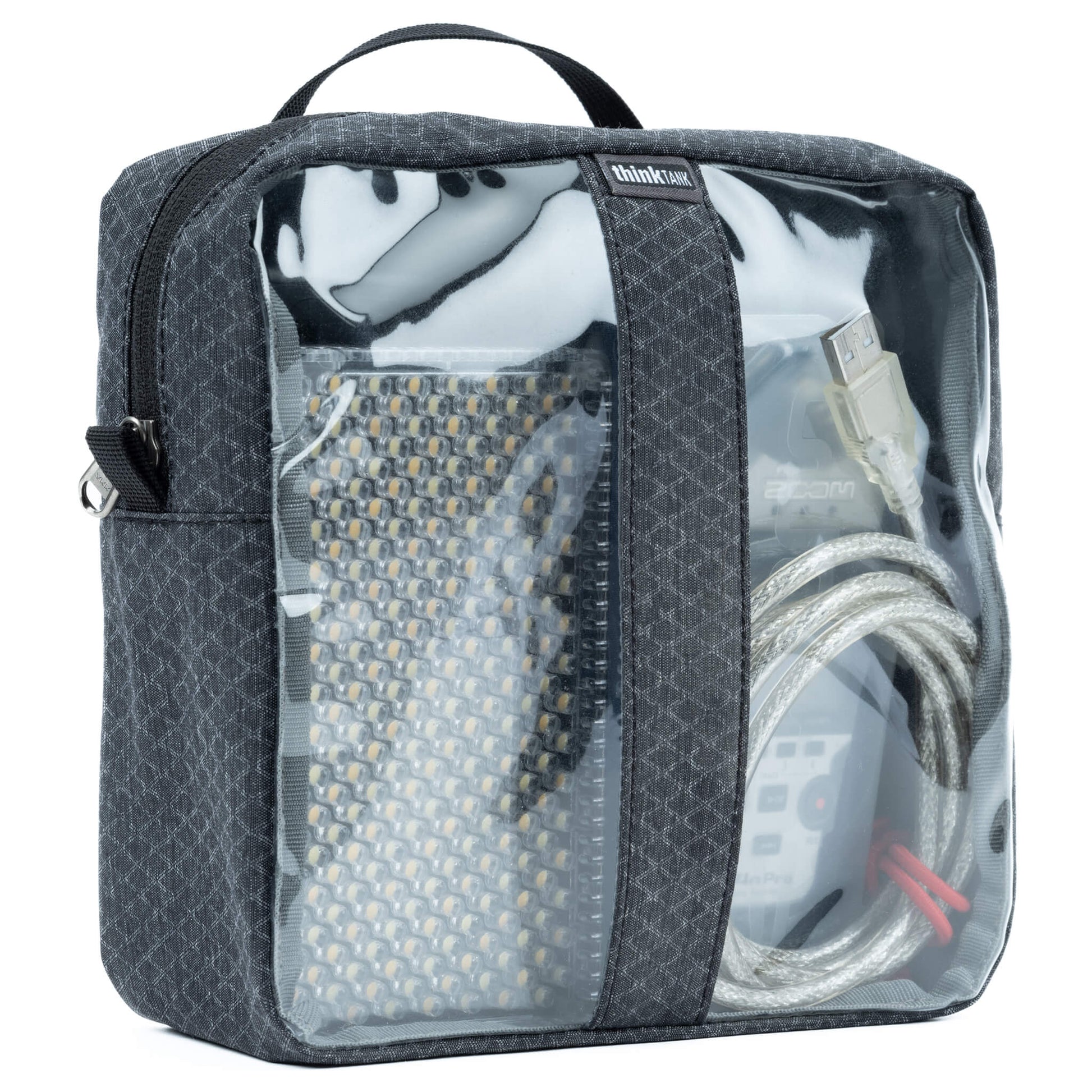 Think Tank Cable Management clear pouch for organising cables with easy visibility.